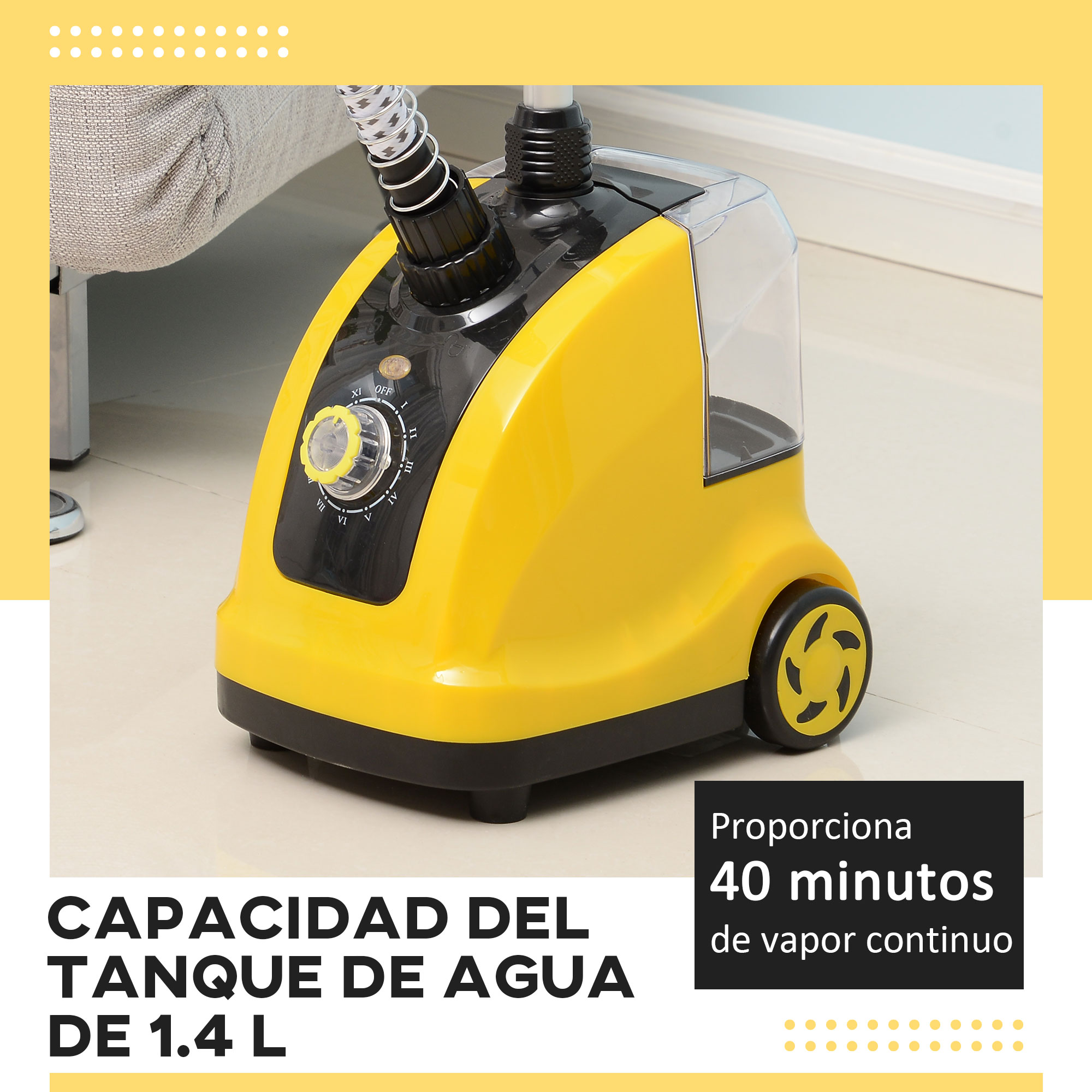 Vaporizador de ropa amarillo con depósito de agua y panel de control, fondo blanco.