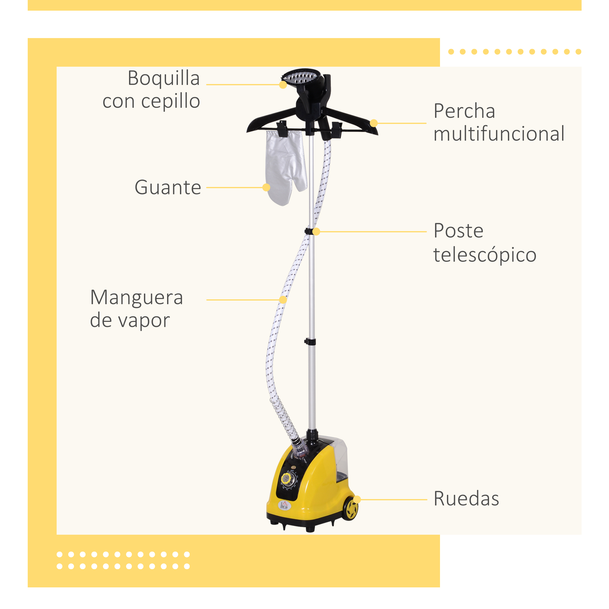 Vaporizador de ropa amarillo con múltiples características: boquilla de cepillo, percha, guante, poste telescópico y ruedas.