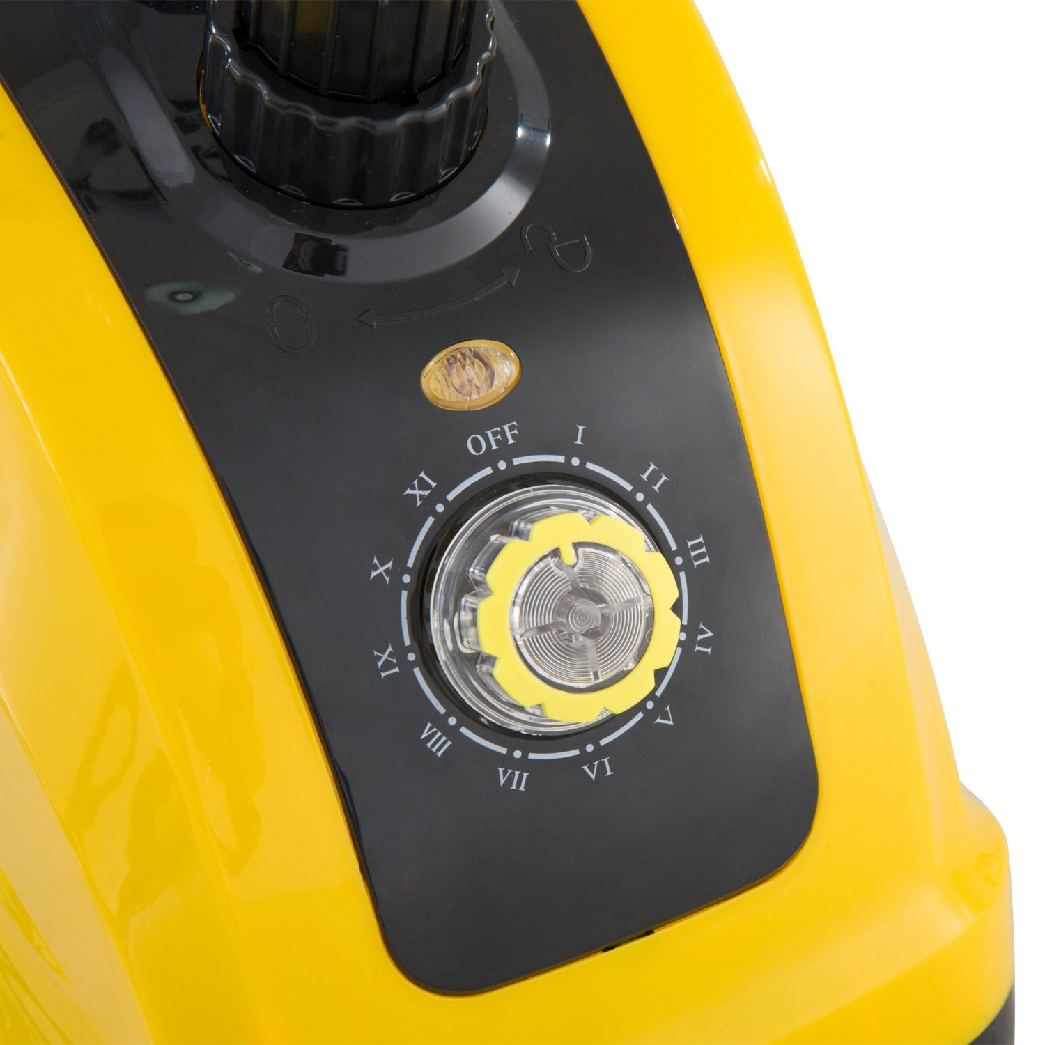 Primer plano de un dial de electrodoméstico amarillo y negro con números y ajustes.