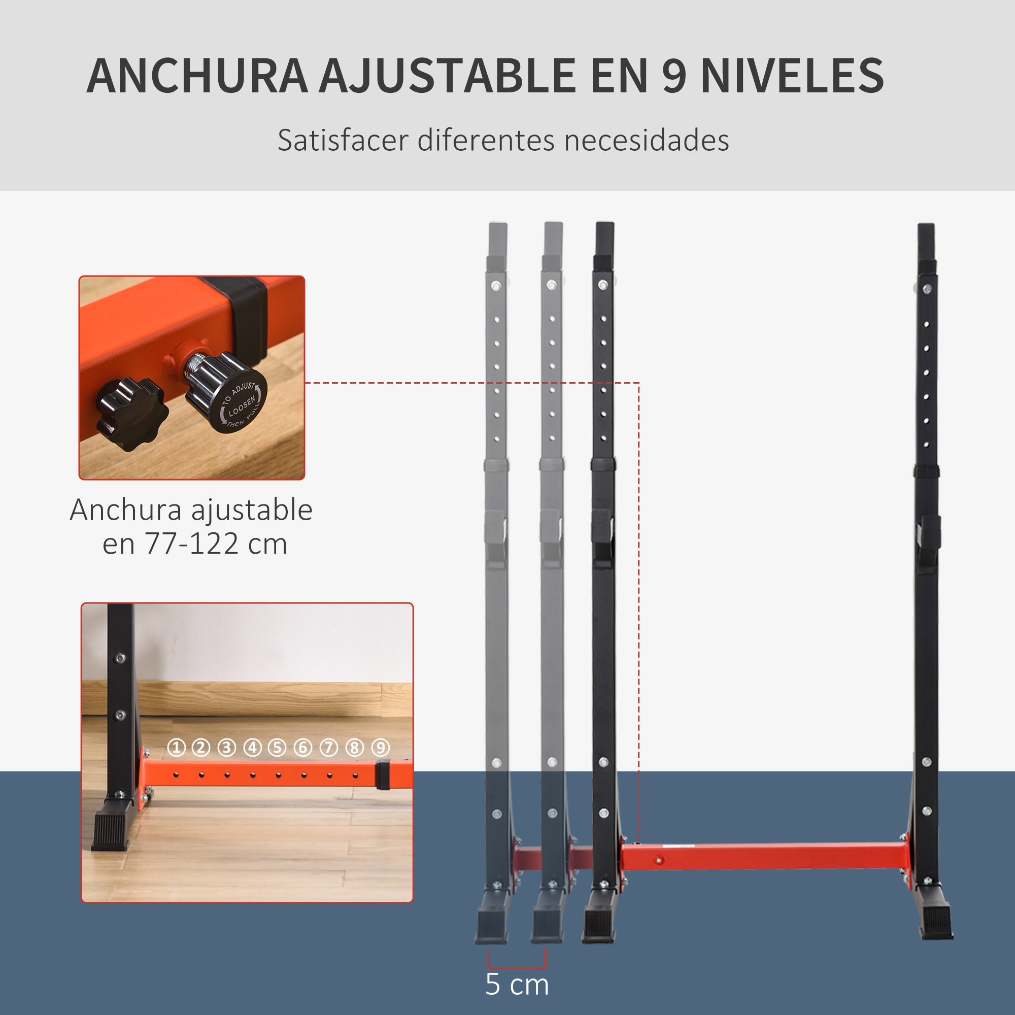 Estante de pesas ajustable. El texto indica ancho ajustable en 9 niveles y ancho ajustable de 77-122 cm.