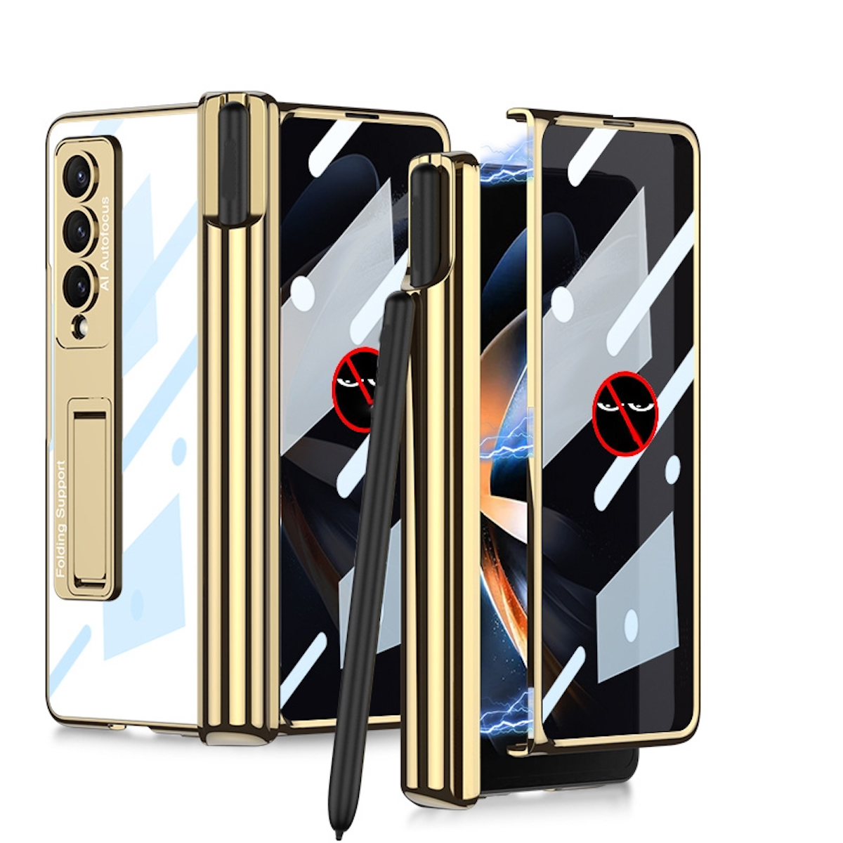 WIGENTO Magnetische Aluminium Galaxy & Full Gold Cover, Z Samsung, Fold4 Hülle Glas 5G, Halterung, Linsenschutz PRIVACY / Stift