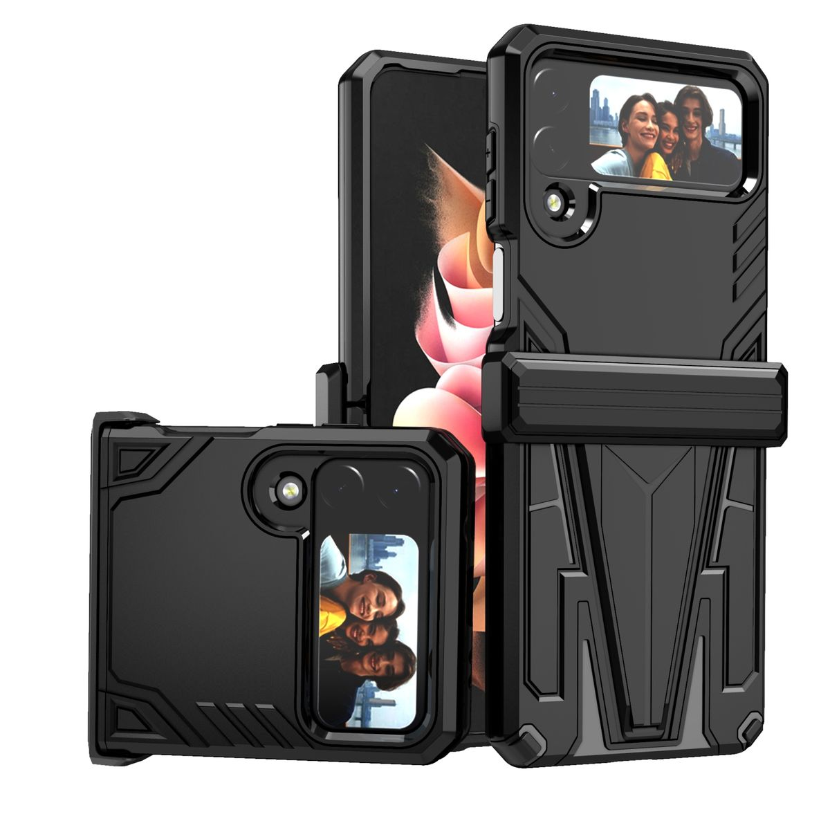 Schwarze Handyhülle. Zeigt ein Telefon mit Bildern und hat ein Schutzdesign.