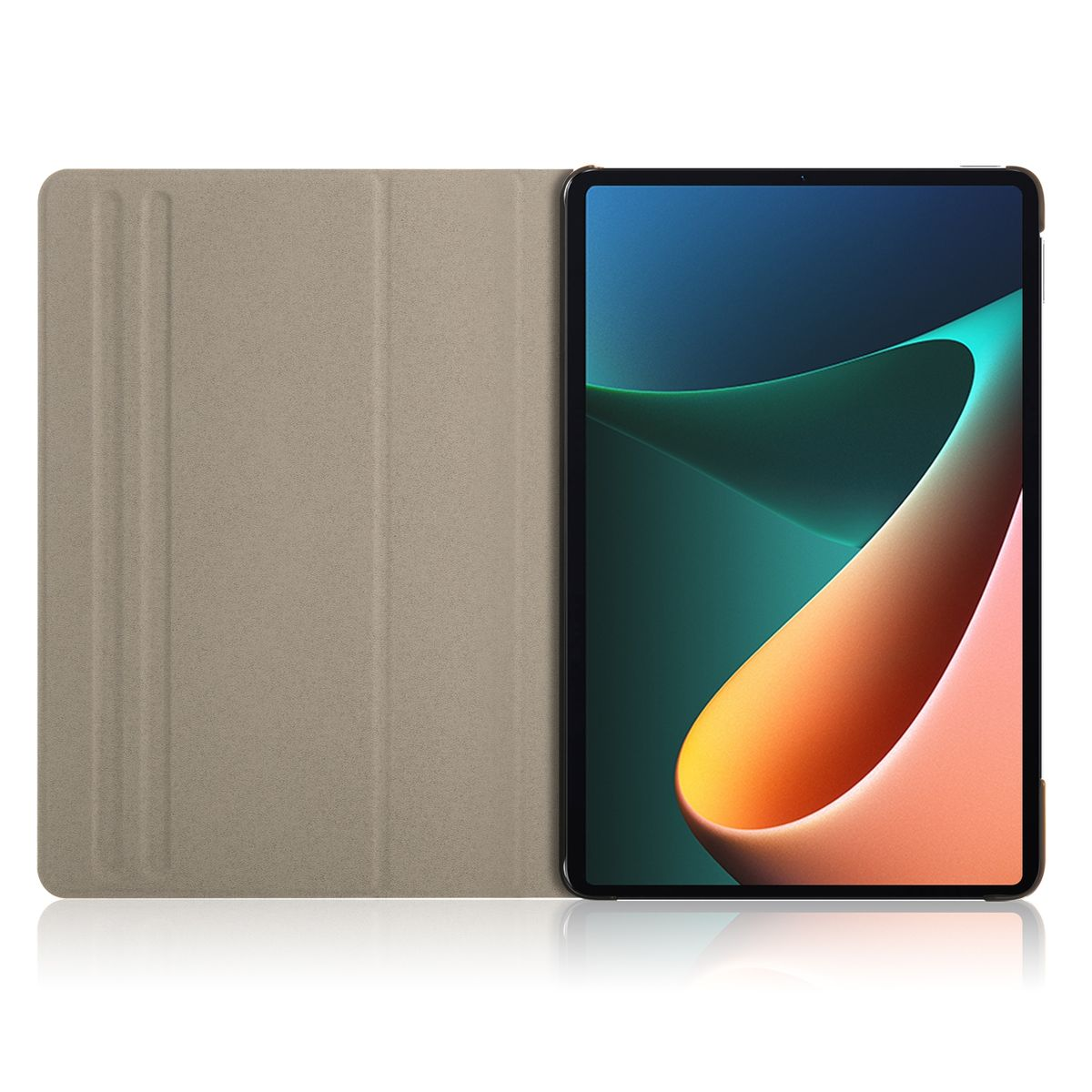 Tablet mit Hülle, geöffnet. Der Bildschirm zeigt eine farbenfrohe Grafik. Die Hülle ist beige.