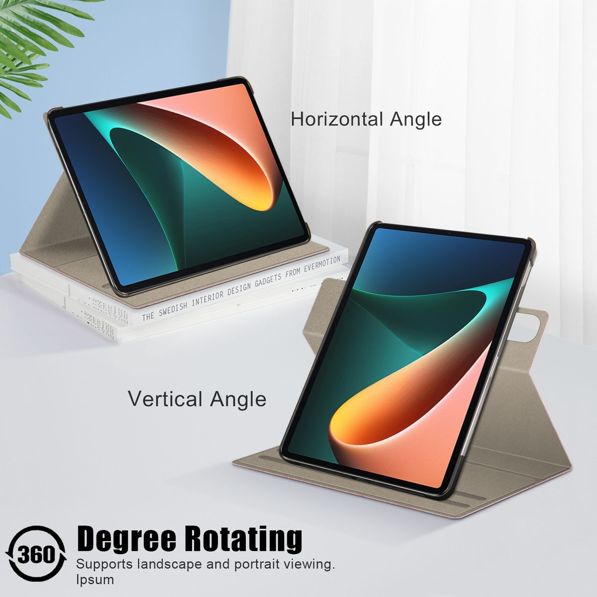 Zwei Tablets in Hüllen werden in horizontalem und vertikalem Winkel mit Text überlagert angezeigt.