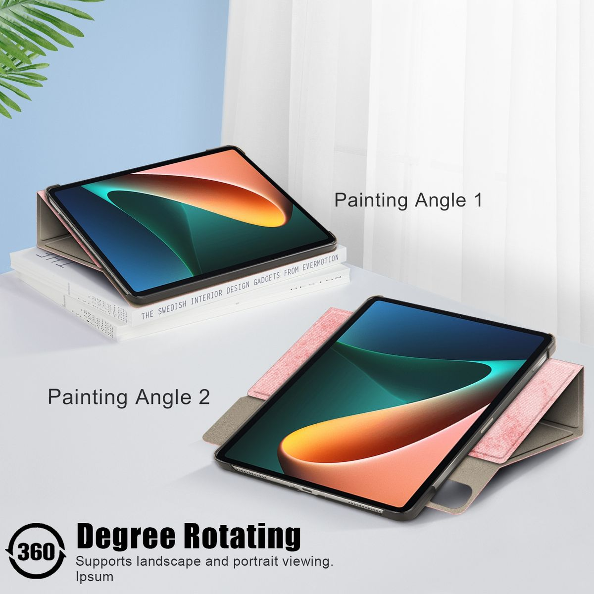 Tablets in rosafarbenen Hüllen. Zwei Winkel, weißer Hintergrund.