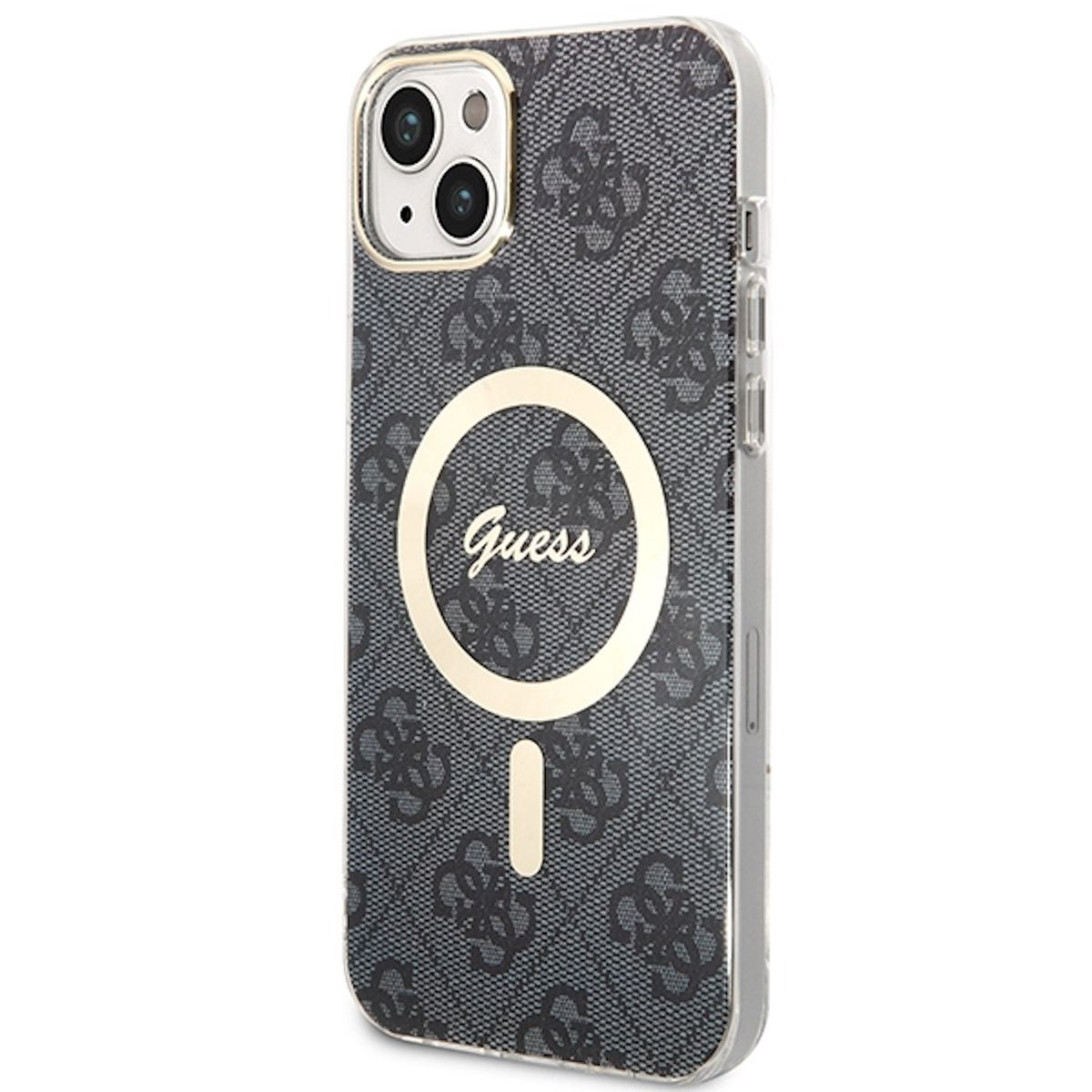 Eine Handyhülle mit Guess-Logo und Muster, mit einem kreisförmigen Platz für kabelloses Laden.