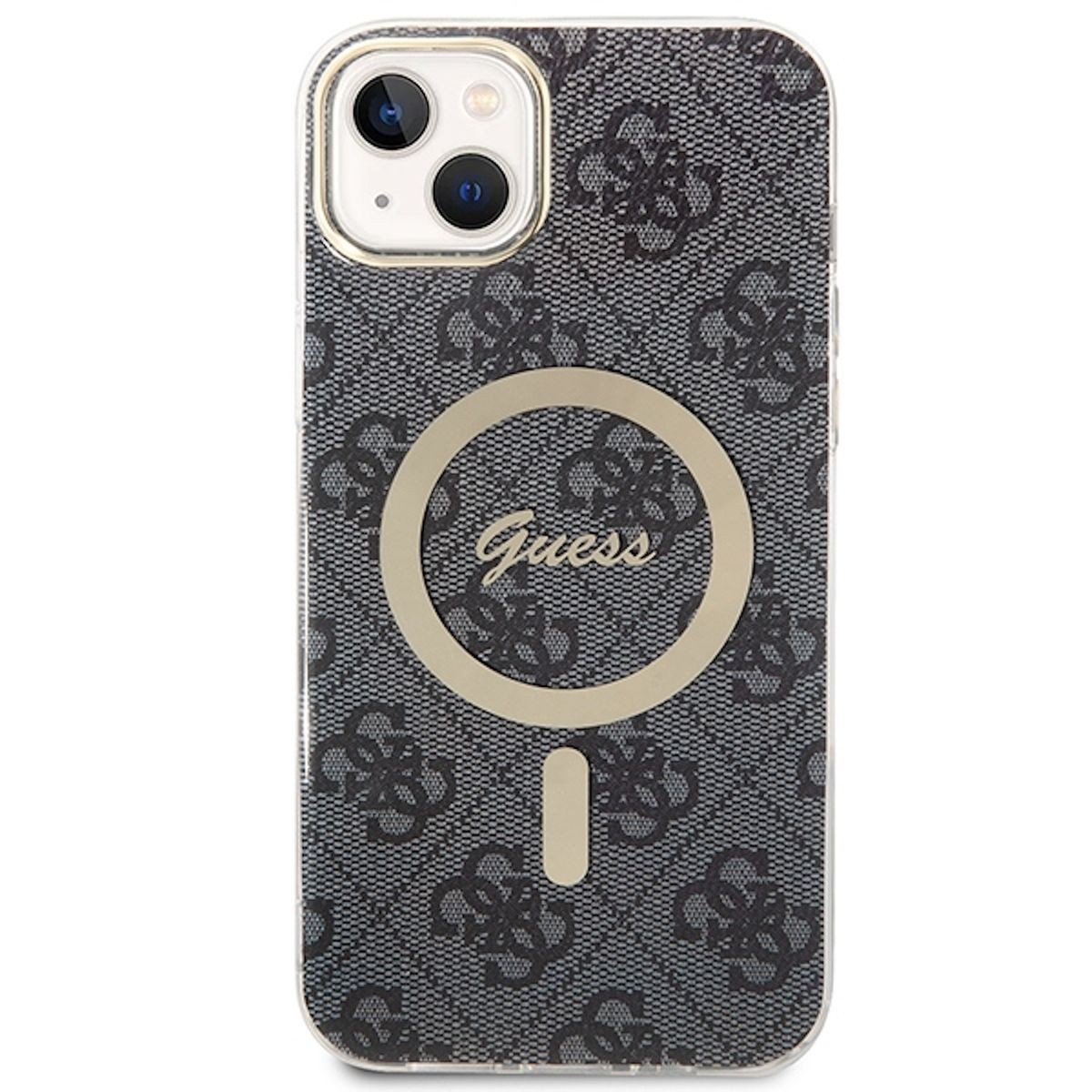 Handyhülle mit Guess-Logo-Muster und Ring. Das Telefon hat eine Kamera und einen Blitz.