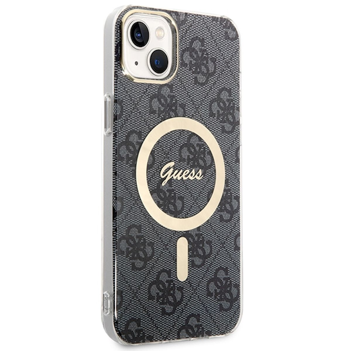 Guess-Handyhülle auf weißem Hintergrund. Sie hat ein graues Muster mit dem Guess-Logo und einem goldenen Kreis.
