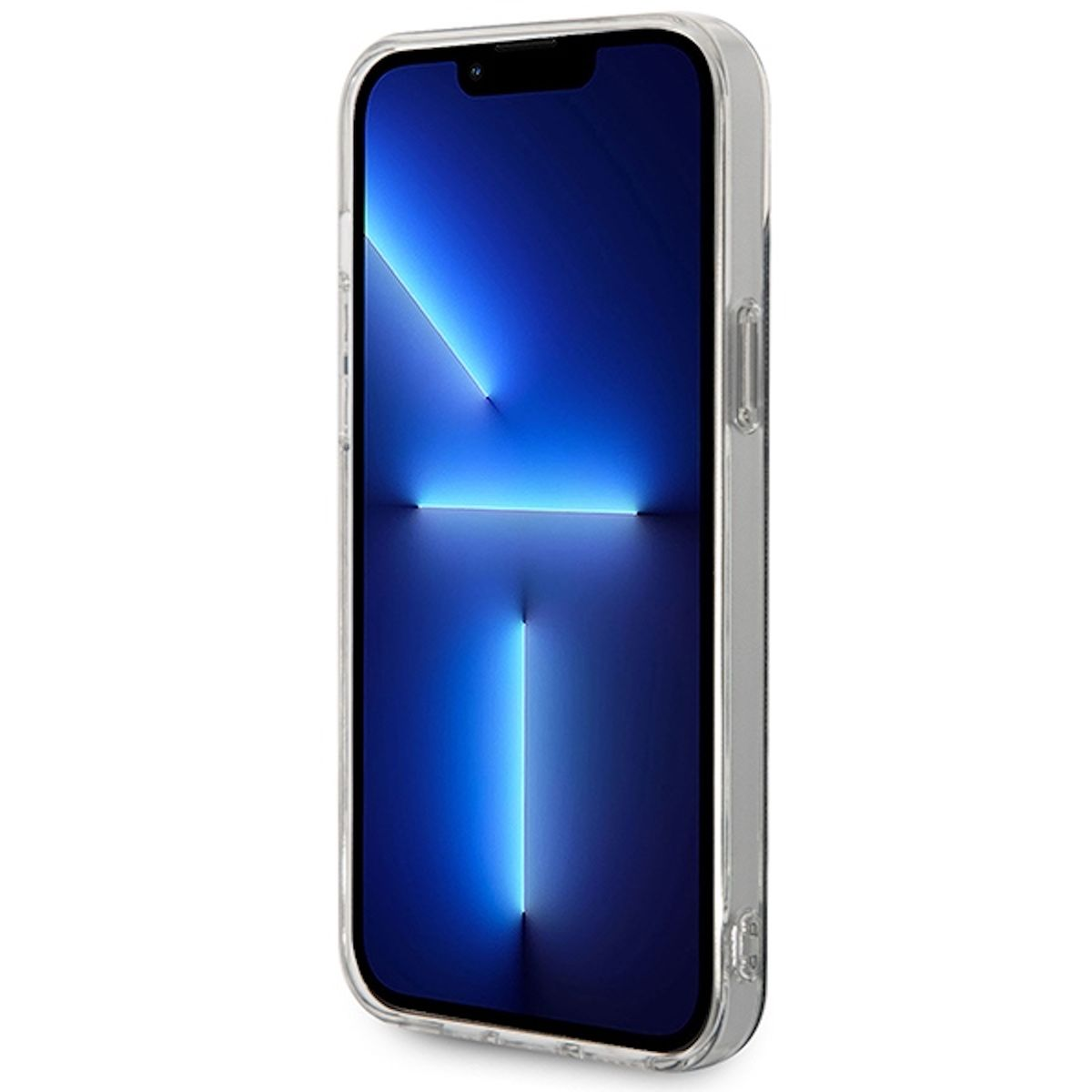 Ein Smartphone mit blauem Bildschirm und einer durchsichtigen Hülle. Das Telefon ist leicht angewinkelt.