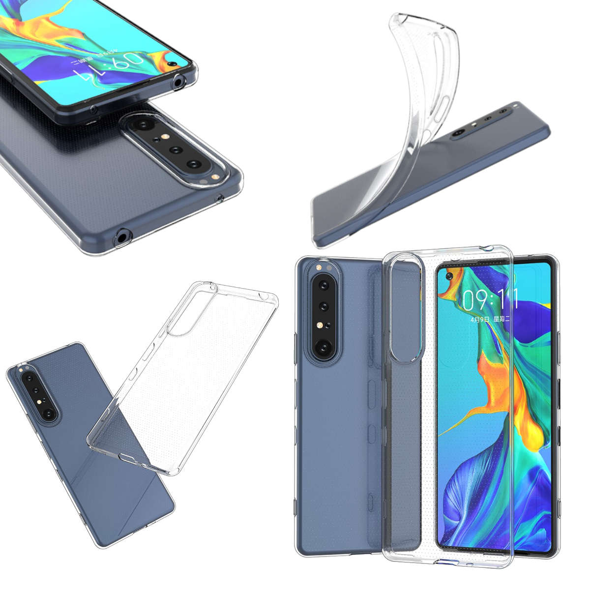 Mehrere durchsichtige Handyhüllen mit einem blauen Telefon. Eine Hülle ist am Telefon, andere separat.