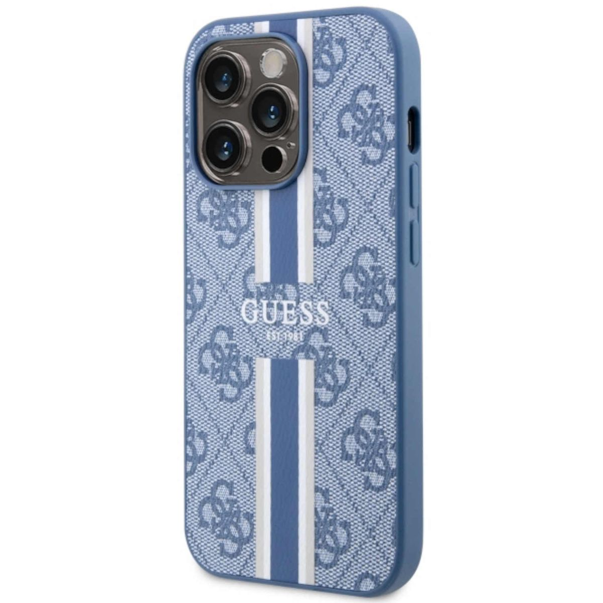 Custodia per telefono Guess blu con strisce bianche e logo.