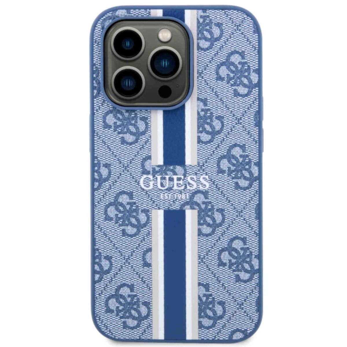 Custodia per telefono GUESS blu con motivo logo e strisce bianche e grigie. Lenti a tripla fotocamera visibili.