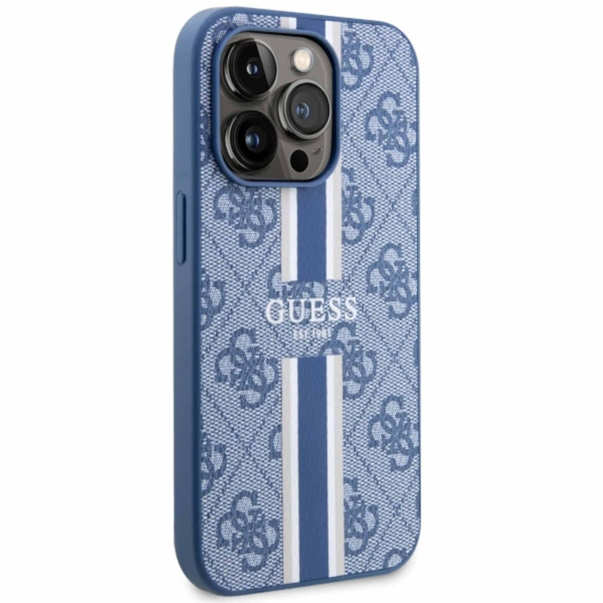Custodia blu per telefono con logo GUESS e strisce bianche.