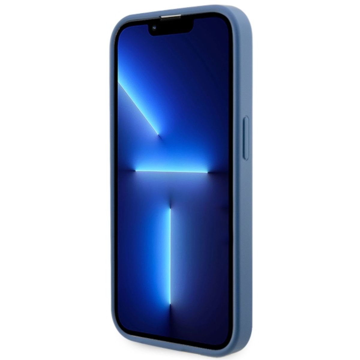 Telefono blu in una custodia blu. Il display mostra un design astratto blu e bianco.