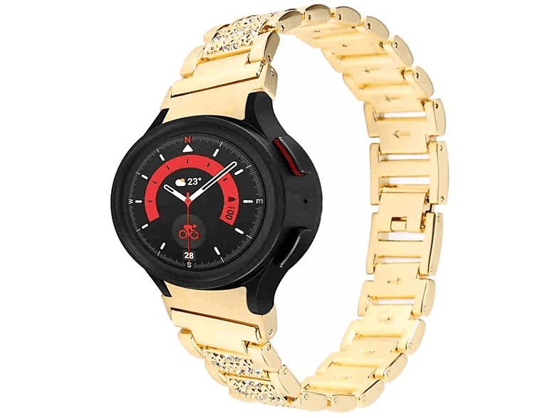 WIGENTO Edelstahl / Metall / Diamanten Style Design Band, Ersatzarmband, Samsung, Galaxy Watch 6 / 5 / 4 40 44 mm / Watch 5 Pro 45mm / Watch 6 / 4 Classic 43 47 mm / 42 46 mm, Gold