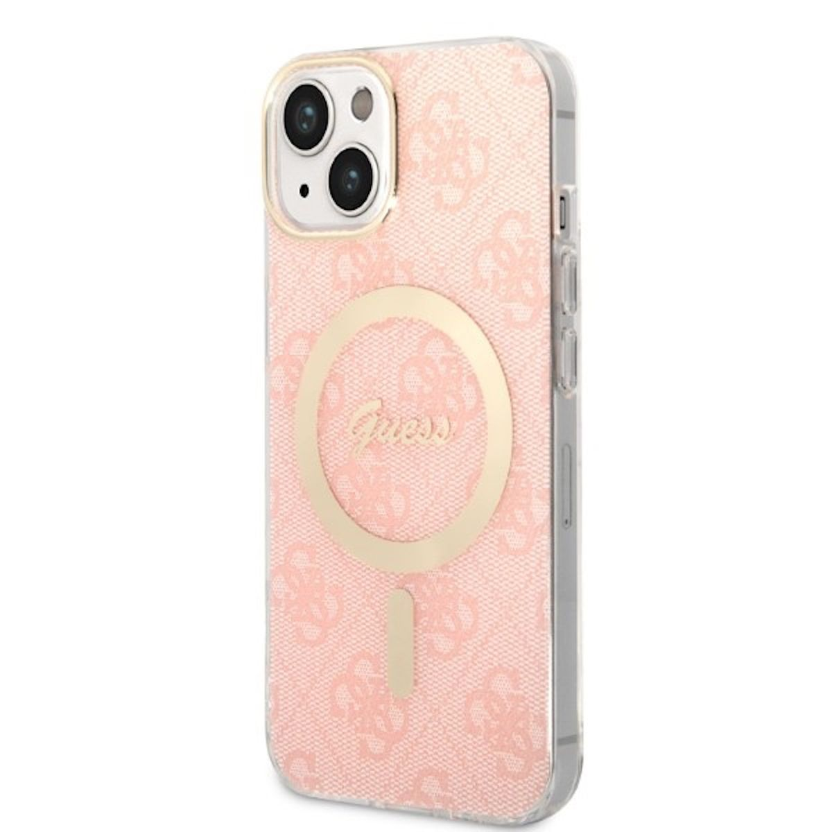 Custodia per telefono Guess rosa con anello e logo dorato su sfondo bianco.