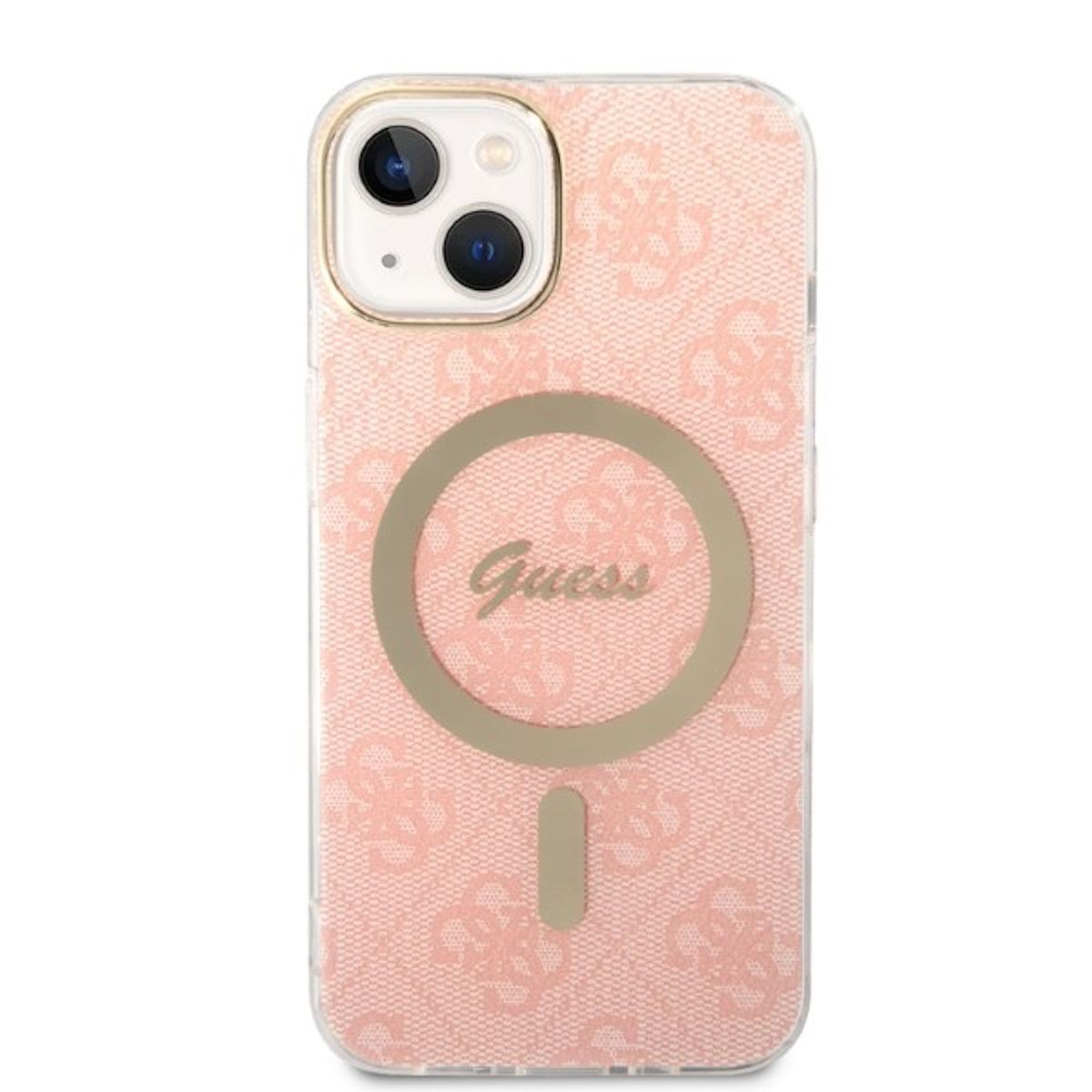 Custodia per telefono Guess rosa con anello fotocamera dorato.