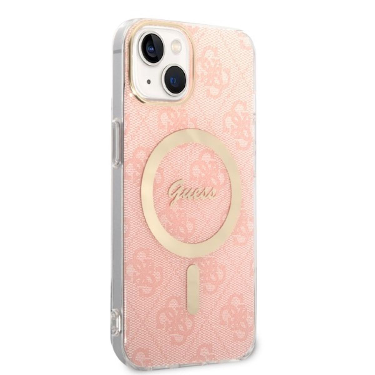 Una custodia per telefono Guess rosa con un design a cerchio dorato e il nome del marchio. Ha un bordo trasparente.