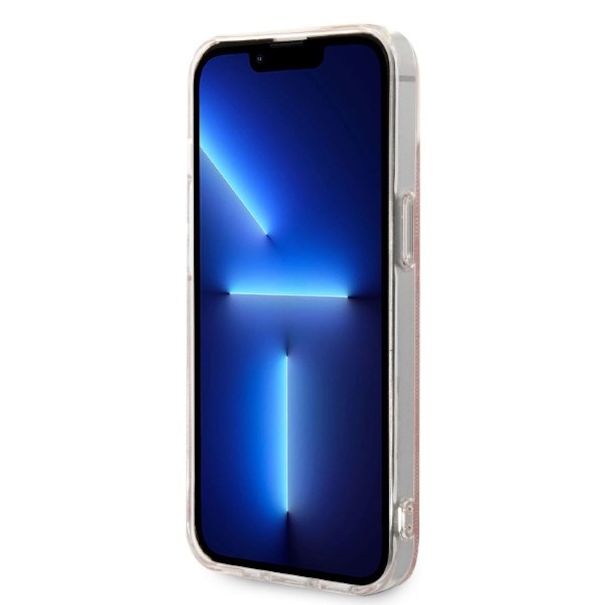 Un telefono con una custodia trasparente, con schermo blu.
