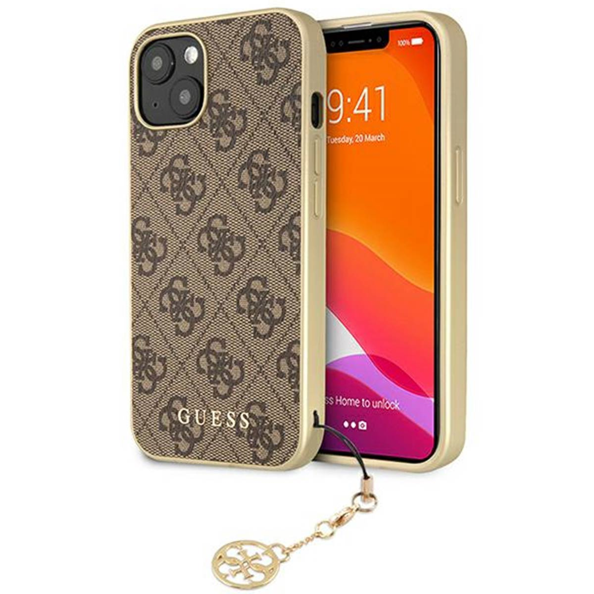 Eine Guess-Handyhülle mit braunem Muster neben einem iPhone. Das Telefon zeigt Uhrzeit und Datum.