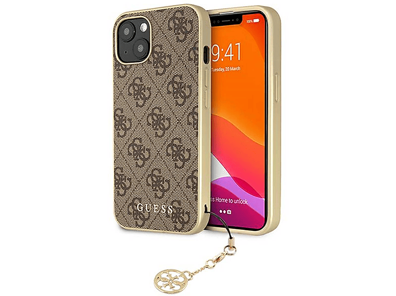 4G Braun iPhone Kette Hülle / 14 Case Gold Plus, + GUESS Anhänger, Backcover, Hard Apple, Charms