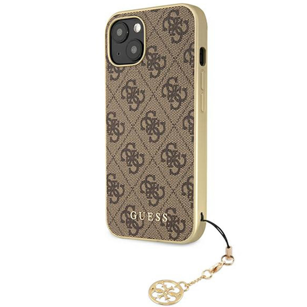 Handyhülle mit braunem Monogramm-Muster. Sie hat einen goldenen Rand und einen Anhänger.