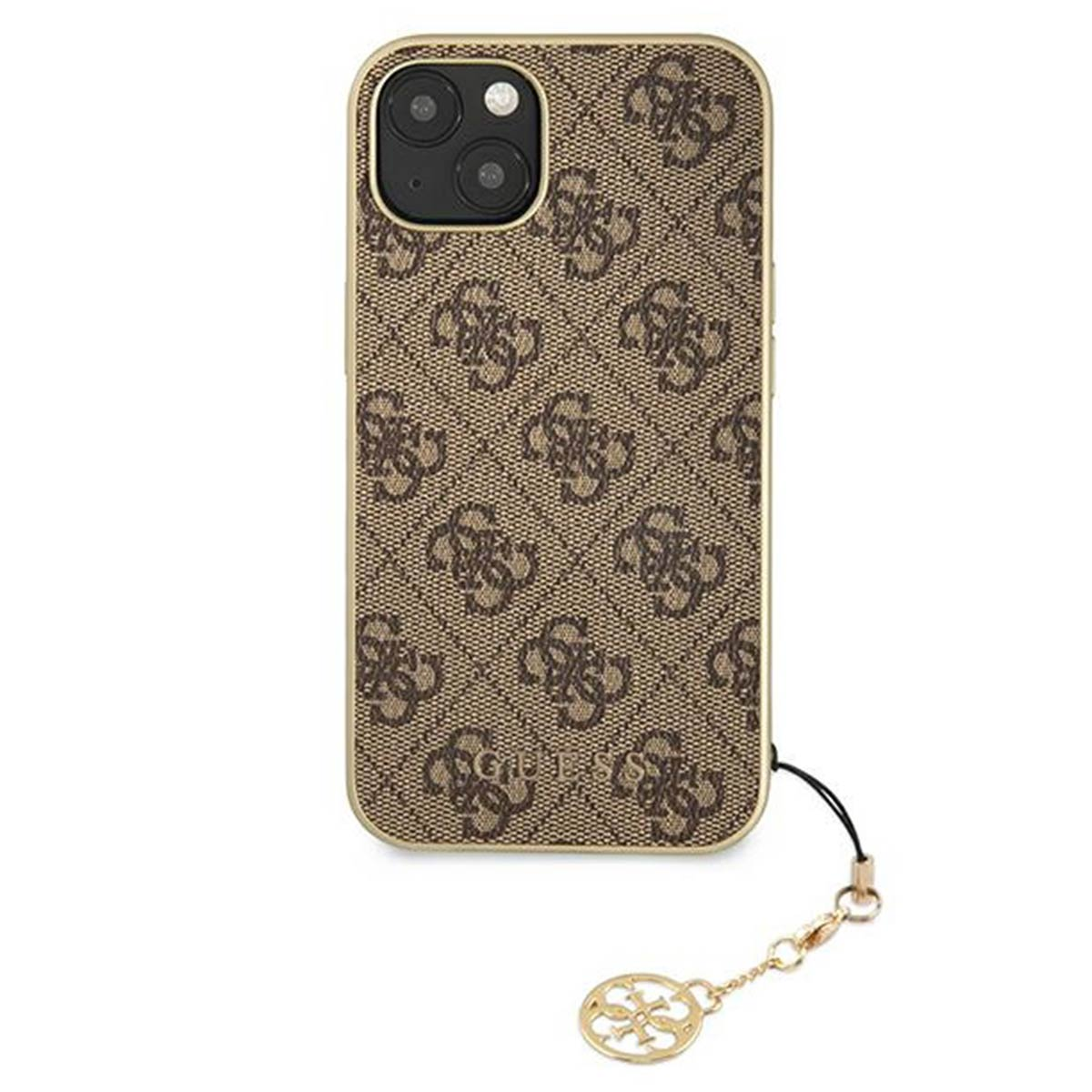 Braune Guess-Handyhülle mit sich wiederholendem Logo-Muster und goldenem Rand.