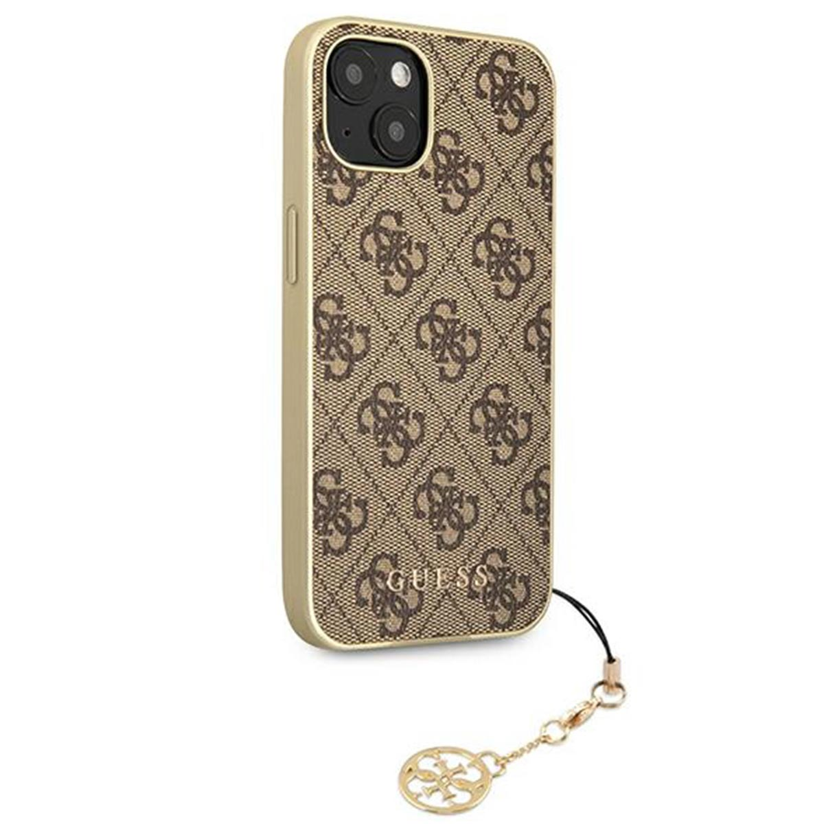 Eine goldene Handyhülle mit braunem Muster und einem Anhänger. Es hat ein Telefon darin. Weißer Hintergrund.