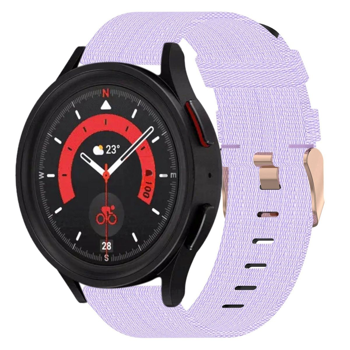 Schwarze und lila Smartwatch mit lila Armband, goldener Schließe und rotem Akzent an der Seite.