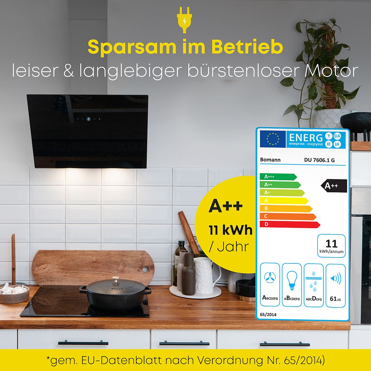 Cappa nera sopra piano cottura nero. Etichetta energetica e testo: Sparsam im Betrieb.