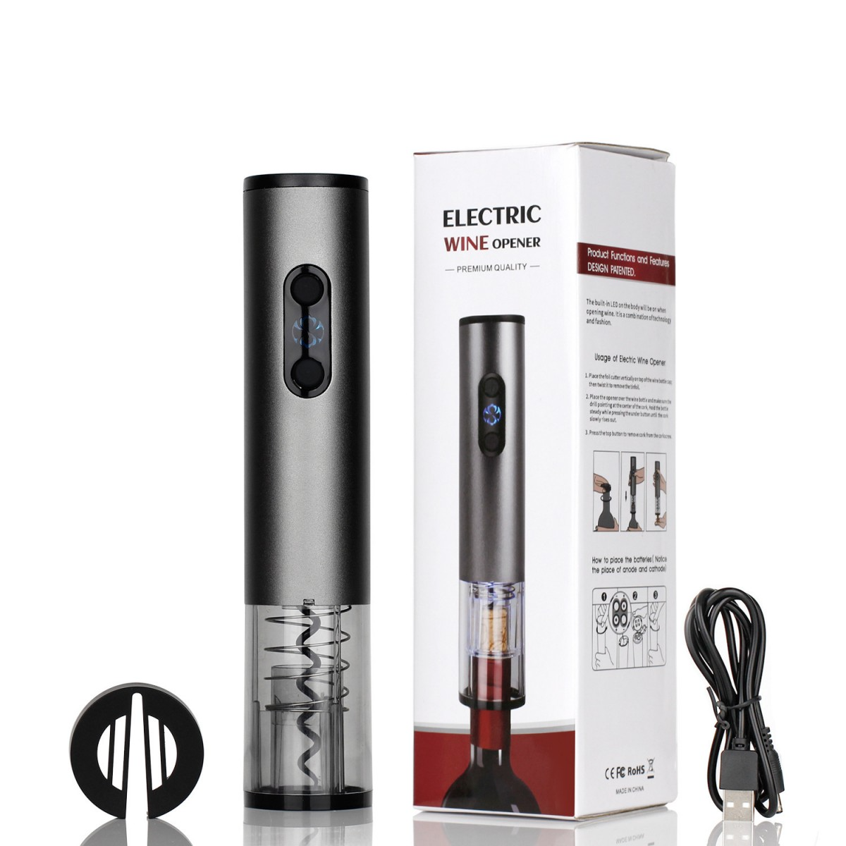 Elektrischer Weinöffner mit Flasche, Korkenzieher und Schachtel mit Anleitung und Zubehör.