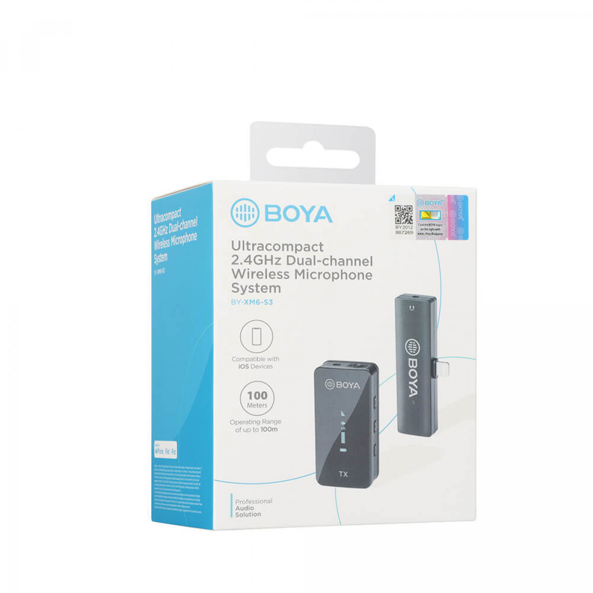 Weiß-blaue Box mit Mikrofon-System. Zwei schwarze Mikrofone und Marke BOYA sichtbar.