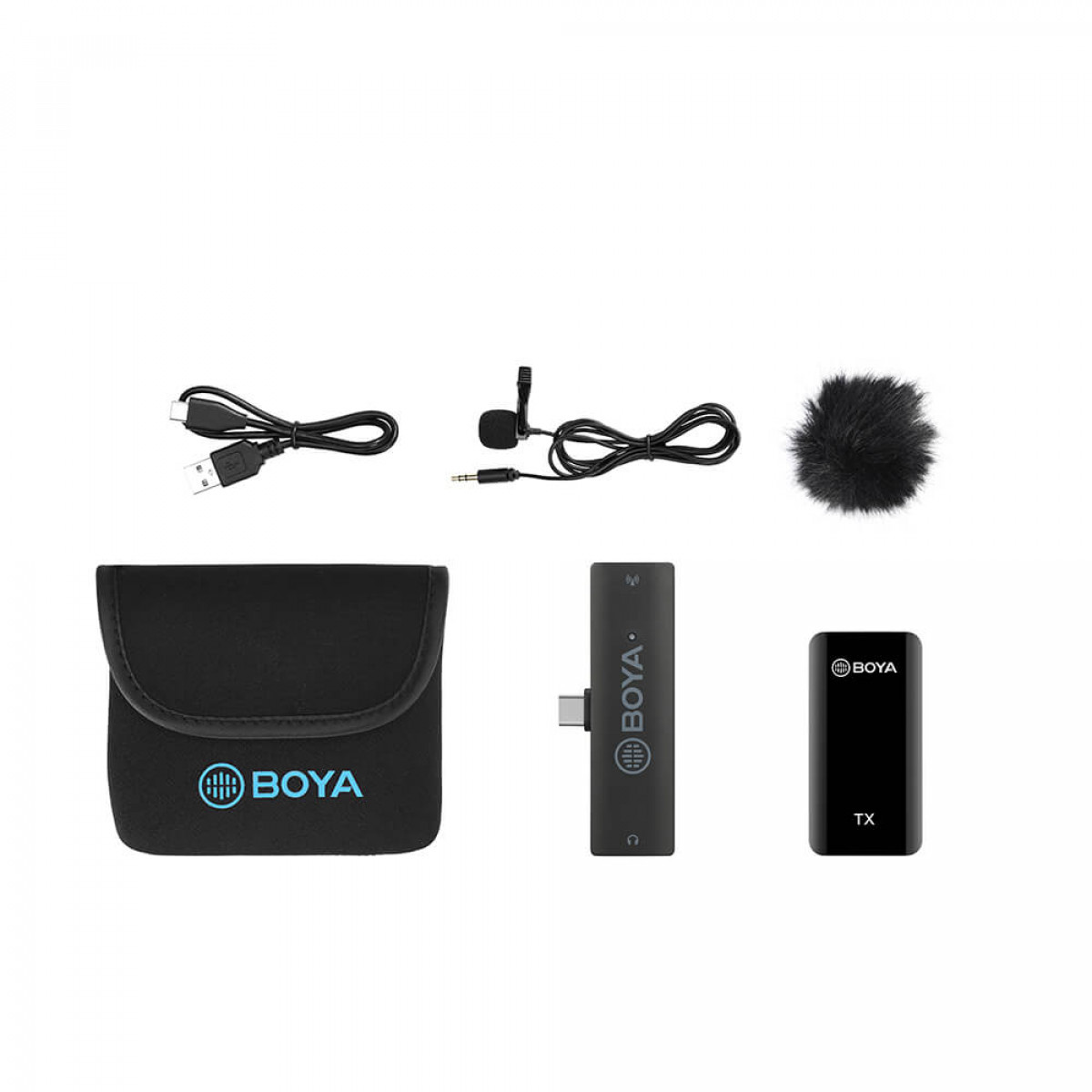 Una collezione di apparecchiature audio, tra cui un microfono, cavi e una custodia.