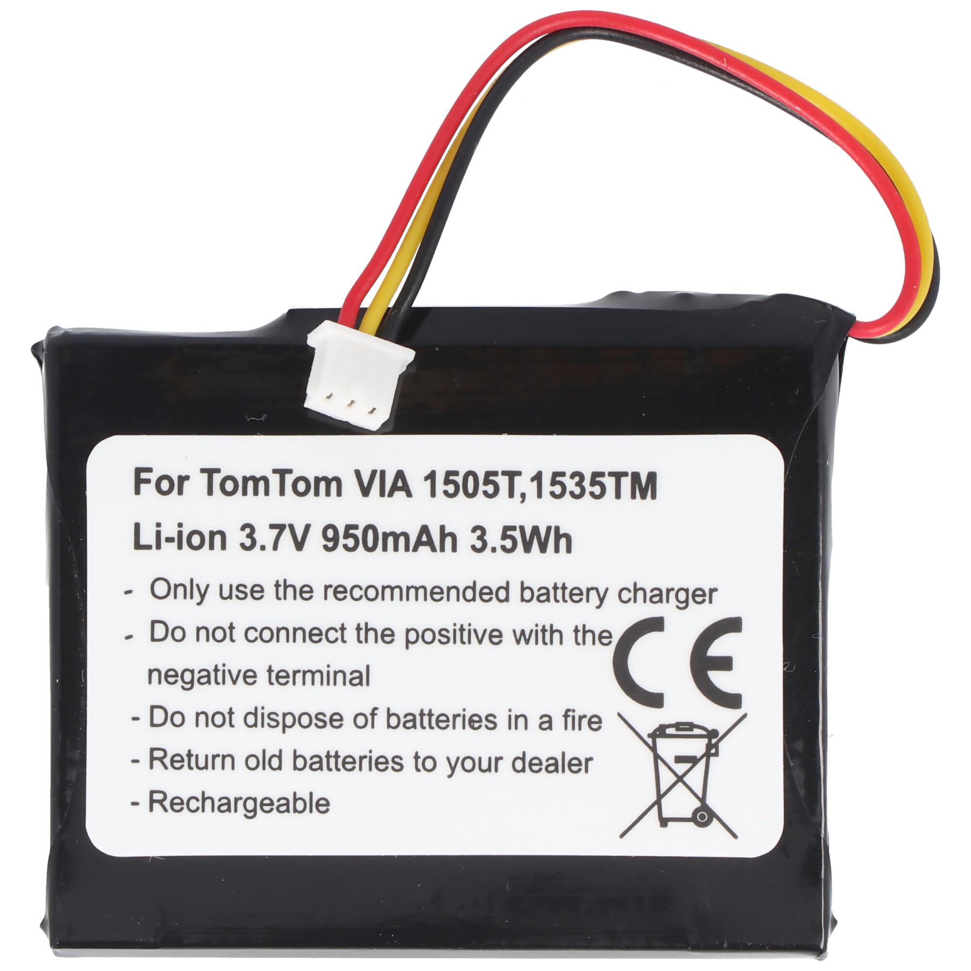 Eine schwarze Batterie mit weißem Etikett, Text und Symbolen, die vor Gefahren warnen und Gebrauchsanweisungen enthalten.
