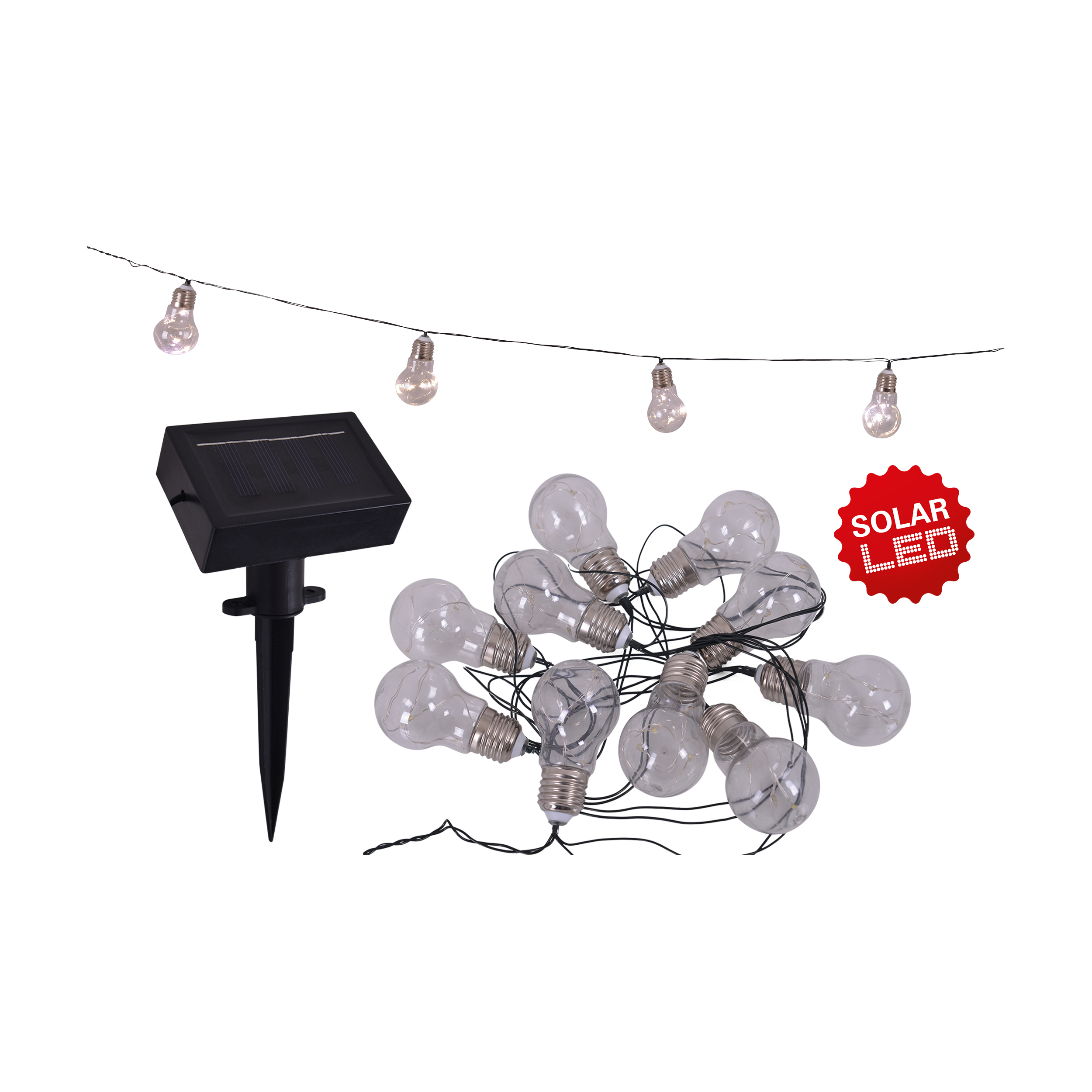 Lichterkette mit durchsichtigen Glühbirnen, Solarpanel und Solar-LED-Aufkleber.