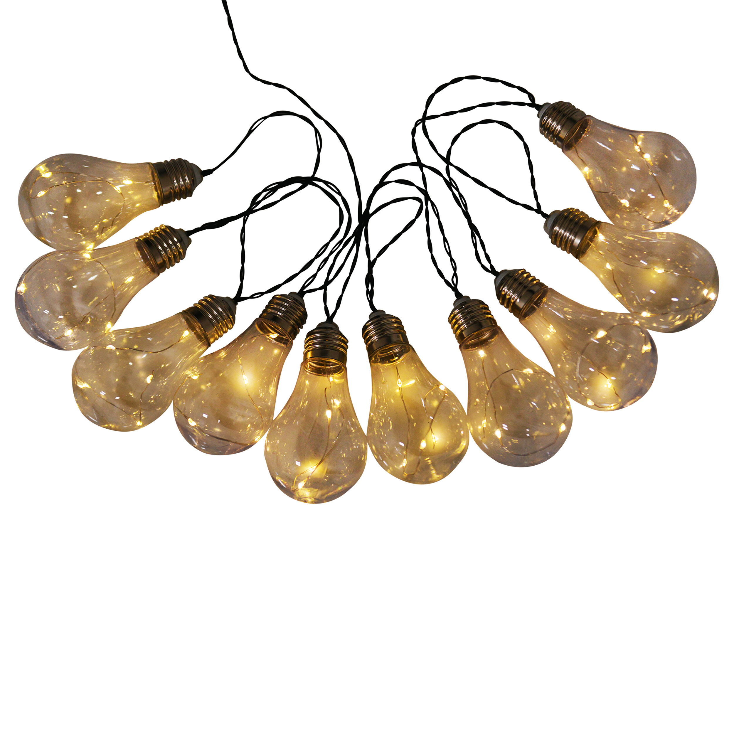 Lichterkette mit mehreren durchsichtigen, glühbirnenförmigen Lichtern. Die Lichter leuchten.