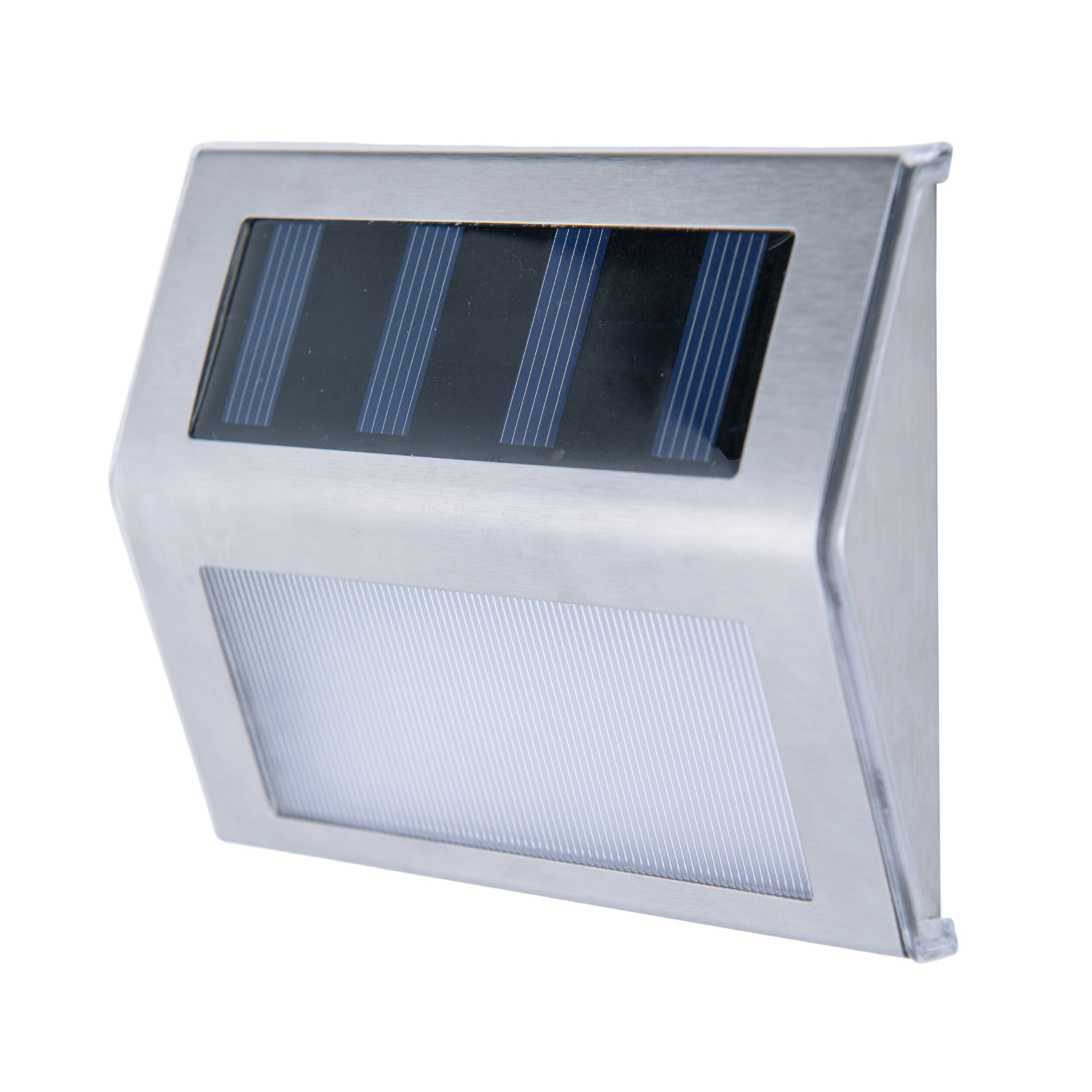 Silberne Solarleuchte. Sie hat ein Solarpanel und ein weißes Lichtpanel, geeignet für den Außenbereich.