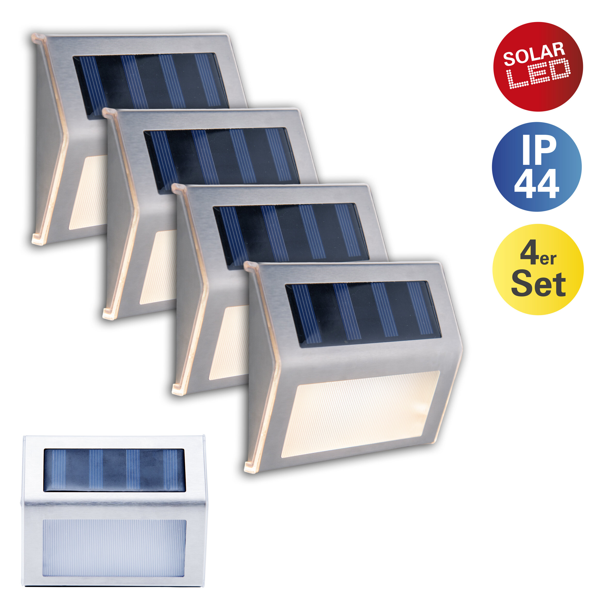 Vier silberne Solar-LED-Leuchten im Set. Der Hintergrund ist weiß.
