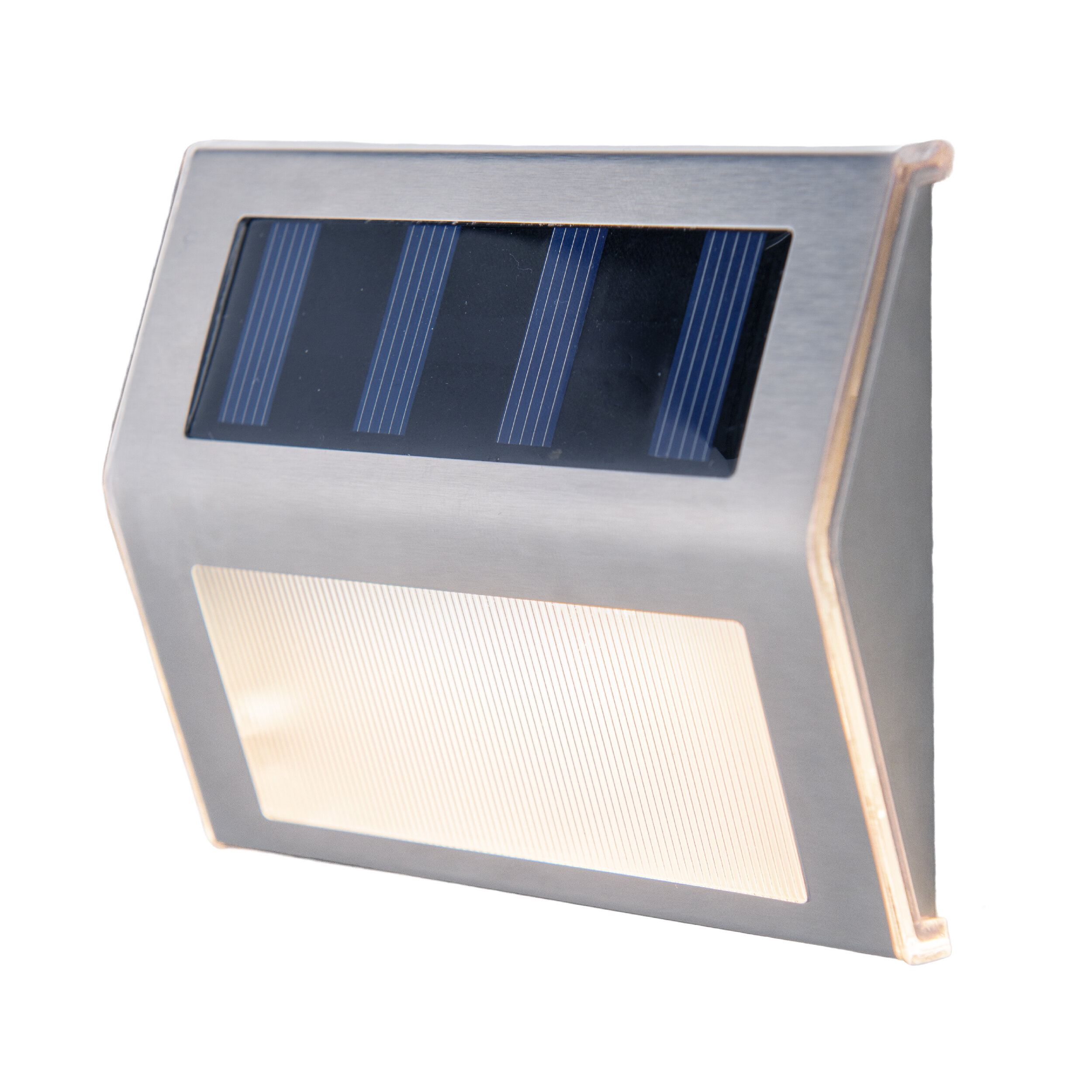 Metallische Solar-Außenleuchte mit Solarpanel und Lichtpanel.