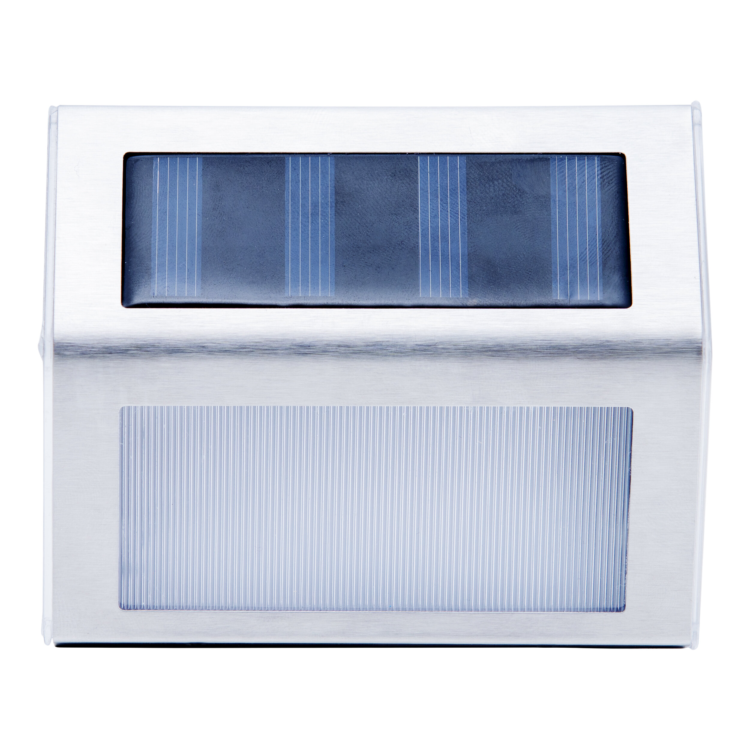 Silberne Solarleuchte. Sie hat ein Solarpanel und ein weißes Lichtpanel, geeignet für den Außenbereich.