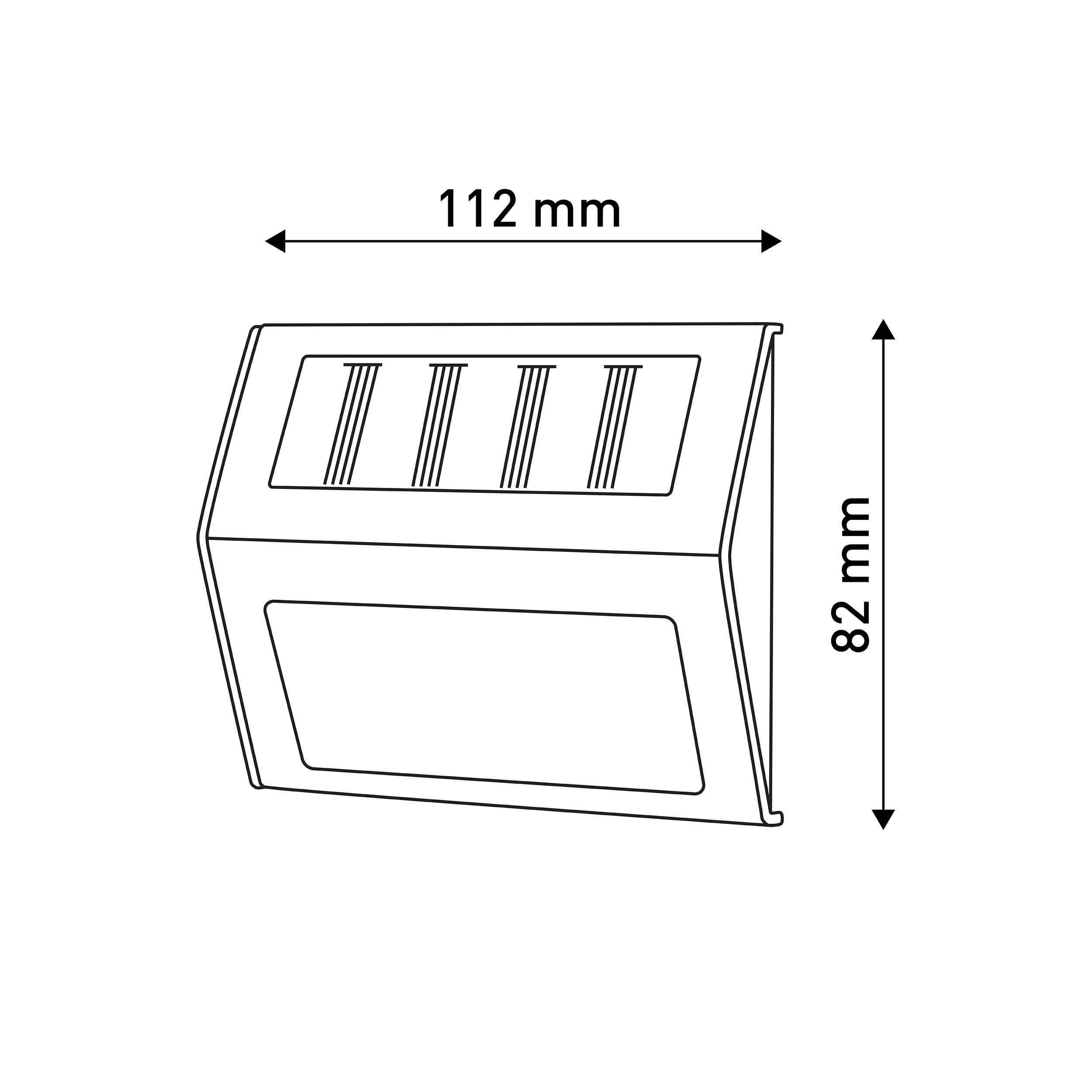 Diagramm einer rechteckigen Solarleuchte mit Maßangaben in mm.