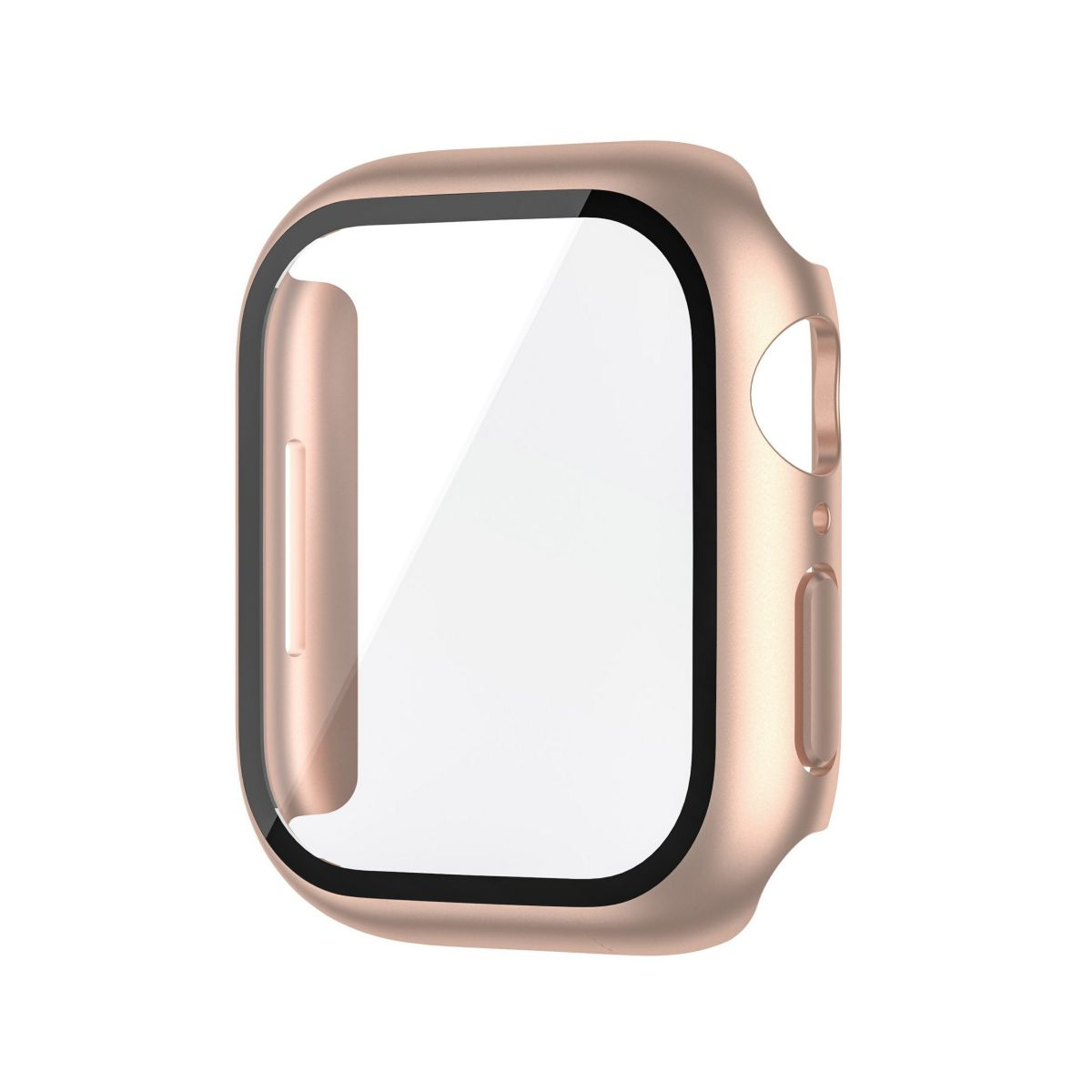 Ein roségoldfarbenes Smartwatch-Gehäuse mit Glasschutz, ein schützendes Zubehör.