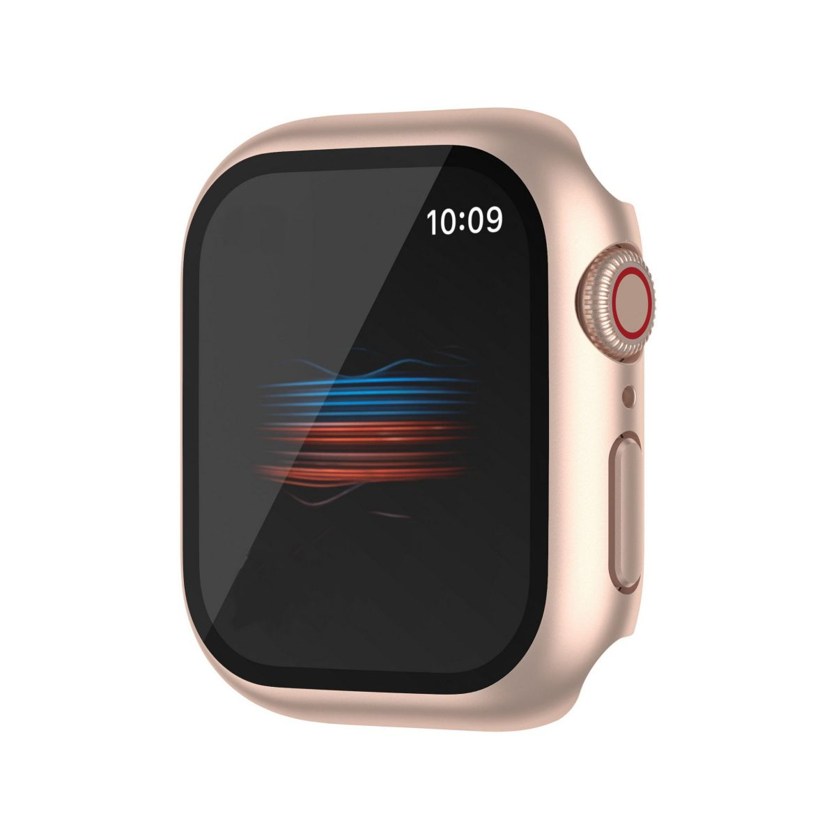 Goldfarbene Smartwatch mit schwarzem Bildschirm, der die Uhrzeit 10:09 anzeigt. Die Uhr liegt auf Weiß.