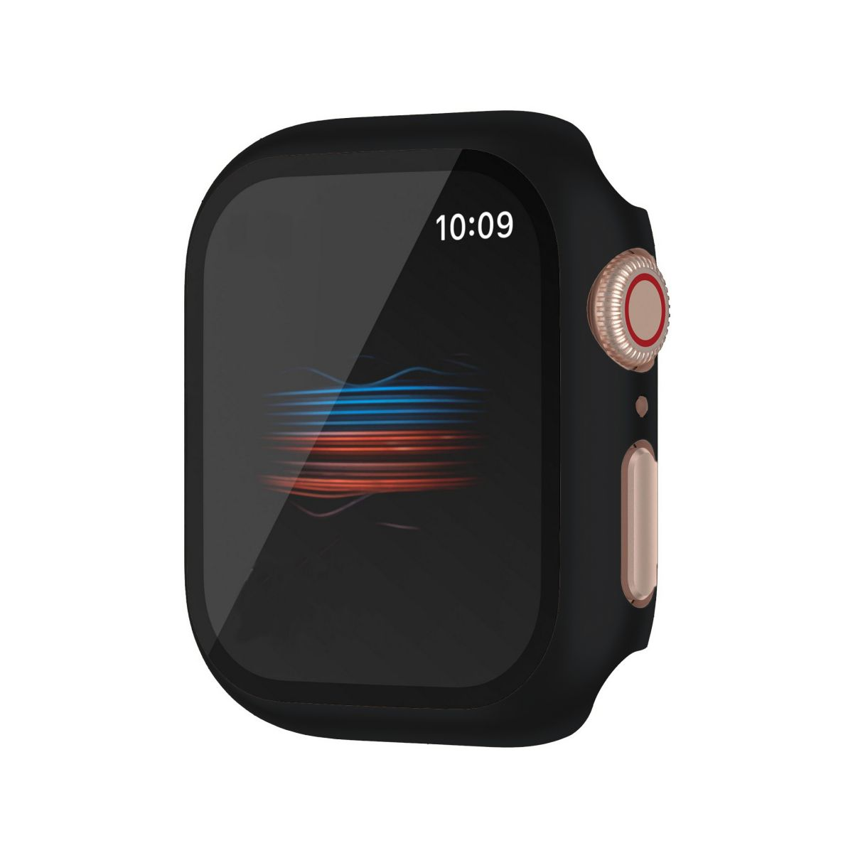 Schwarze Smartwatch mit roségoldener Akzent. Das Display zeigt die Zeit und ein Wellenmuster.