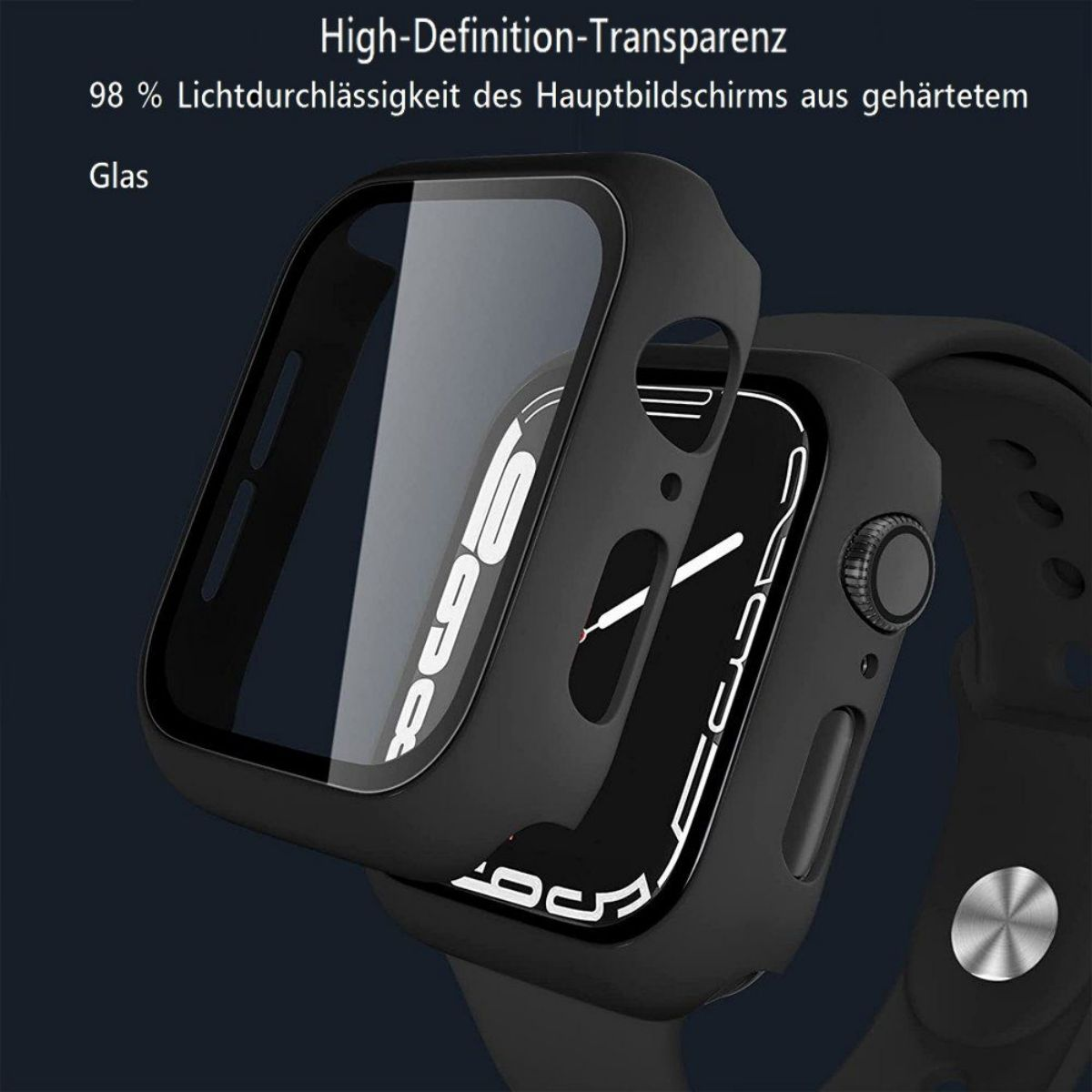 Schwarzes Uhrengehäuse mit klarer Displayschutzfolie über einem Zifferblatt. Text: High-Definition-Transparenz.