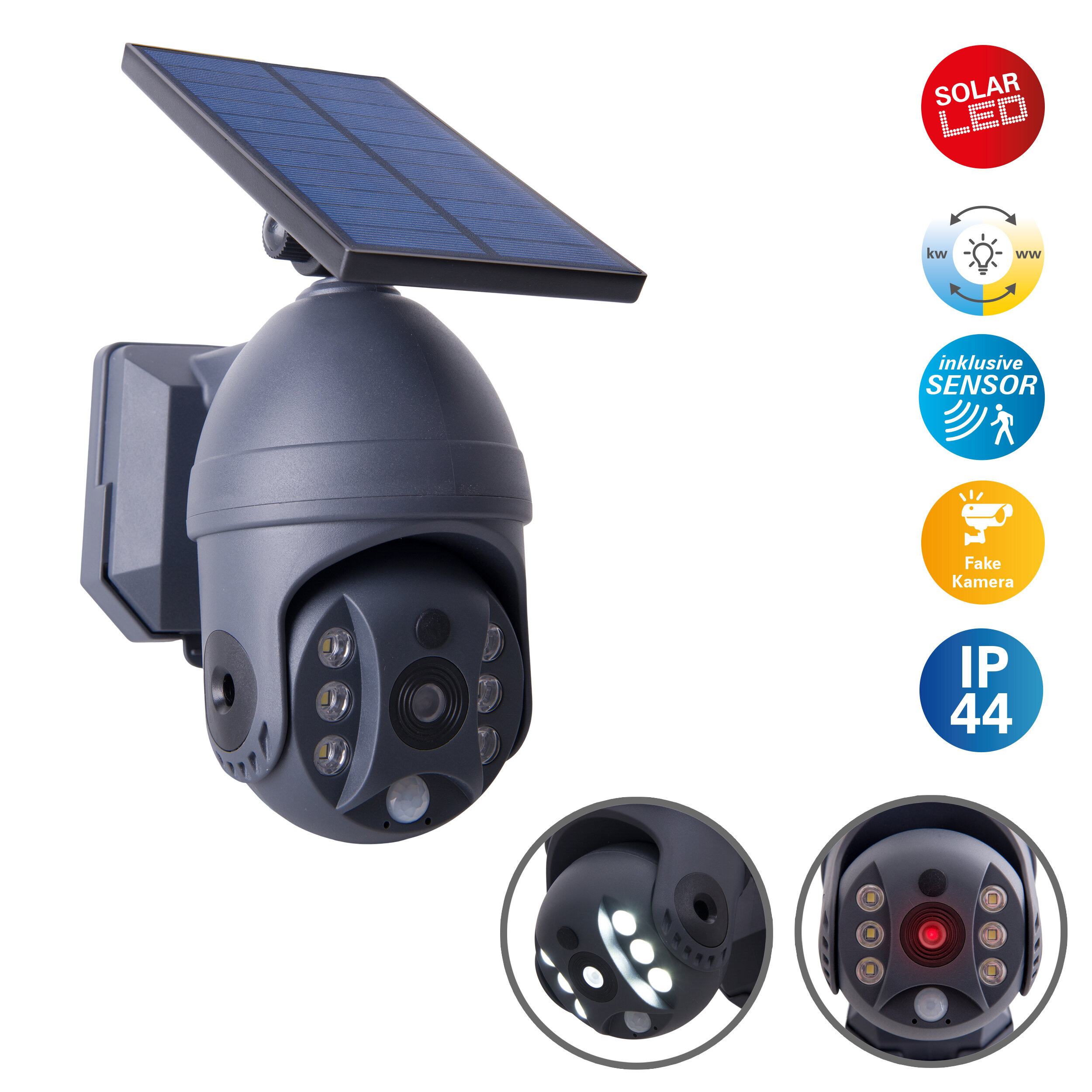 Eine Überwachungskamera mit Solarpanel, Licht und Symbolen. Sie ist grau und an einer Wand befestigt.