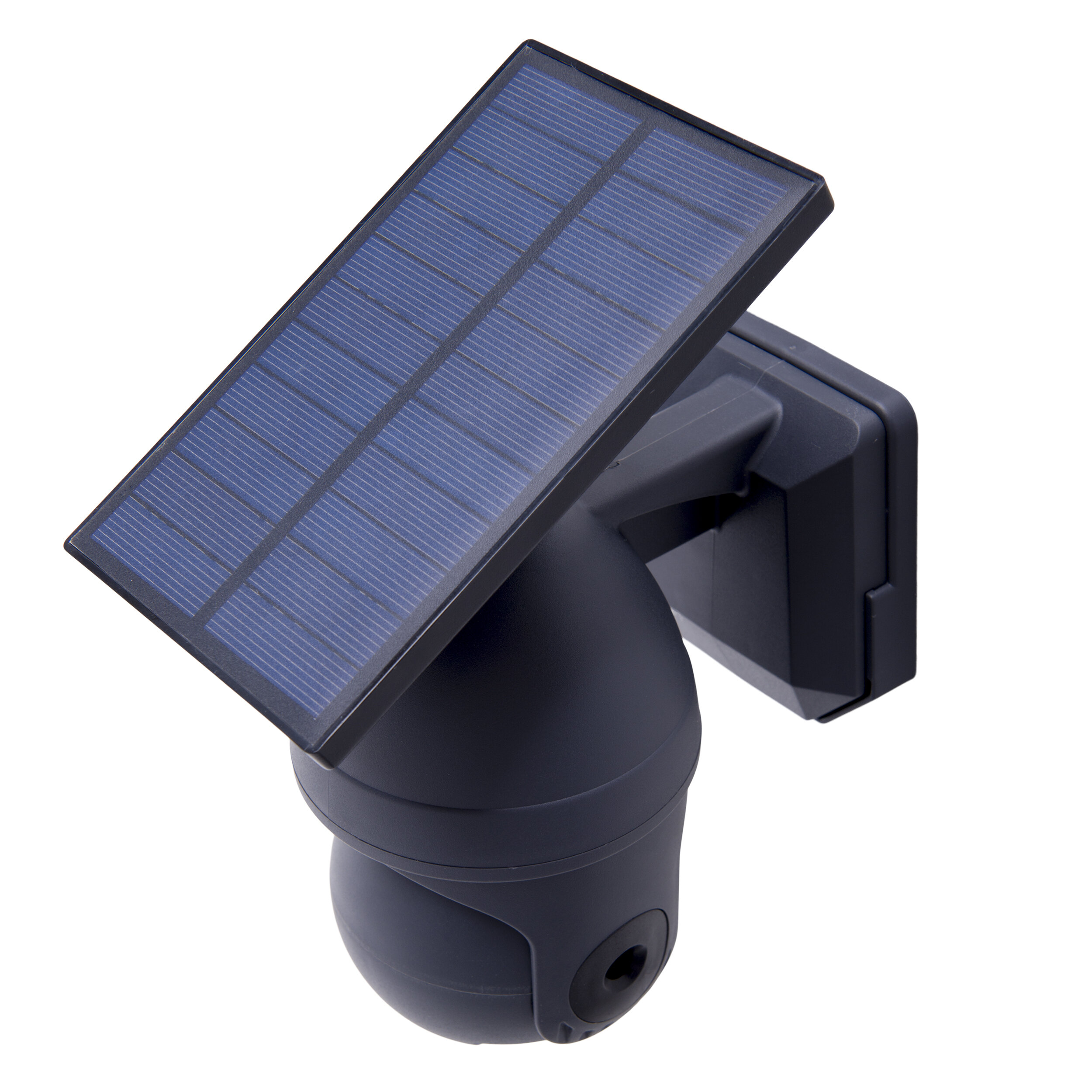 Ein schwarzes, solarbetriebenes Sicherheitslicht mit einem Solarpanel oben.