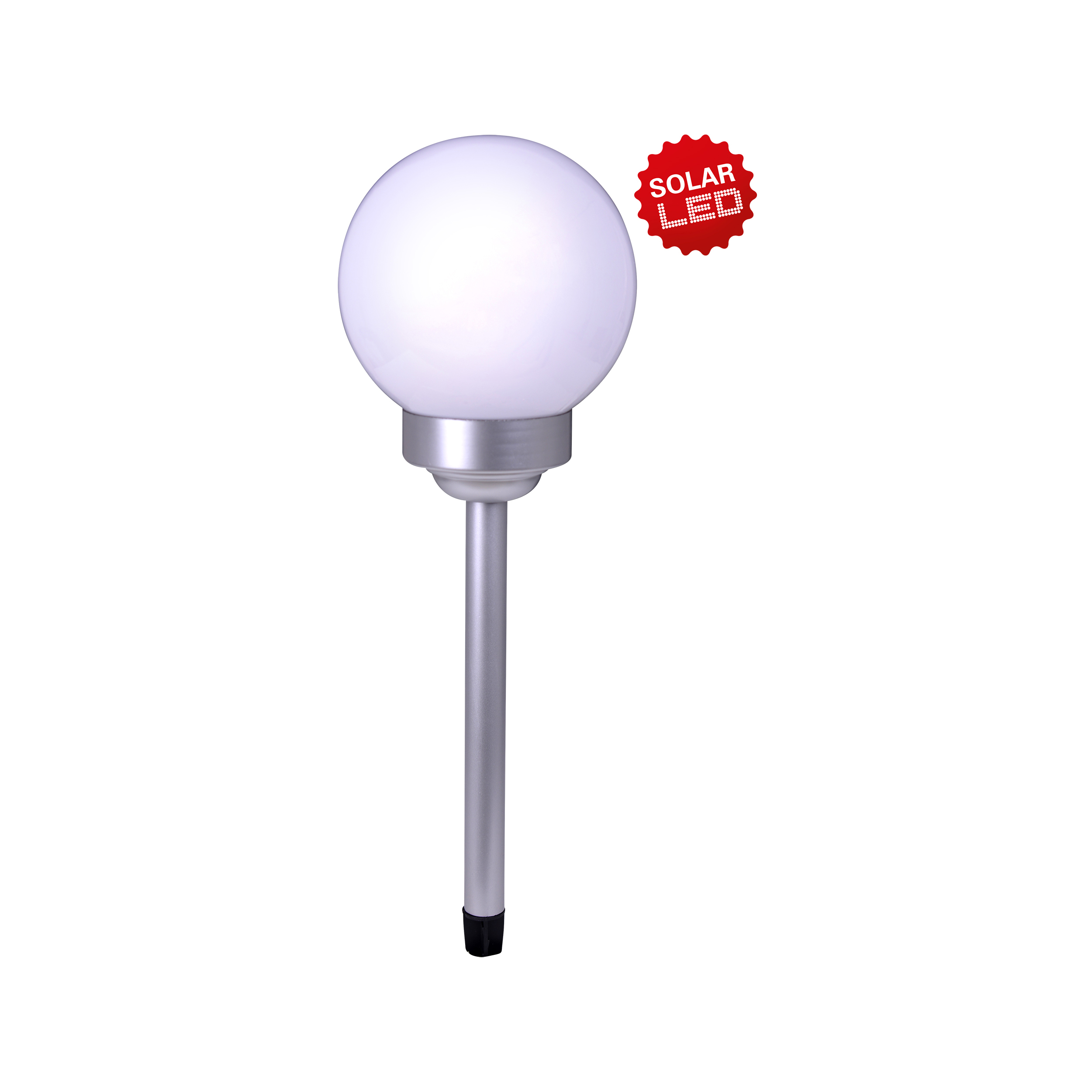 Eine Solar-LED-Gartenlampe mit weißem Globus und silberner Stange. Der Hintergrund ist weiß.