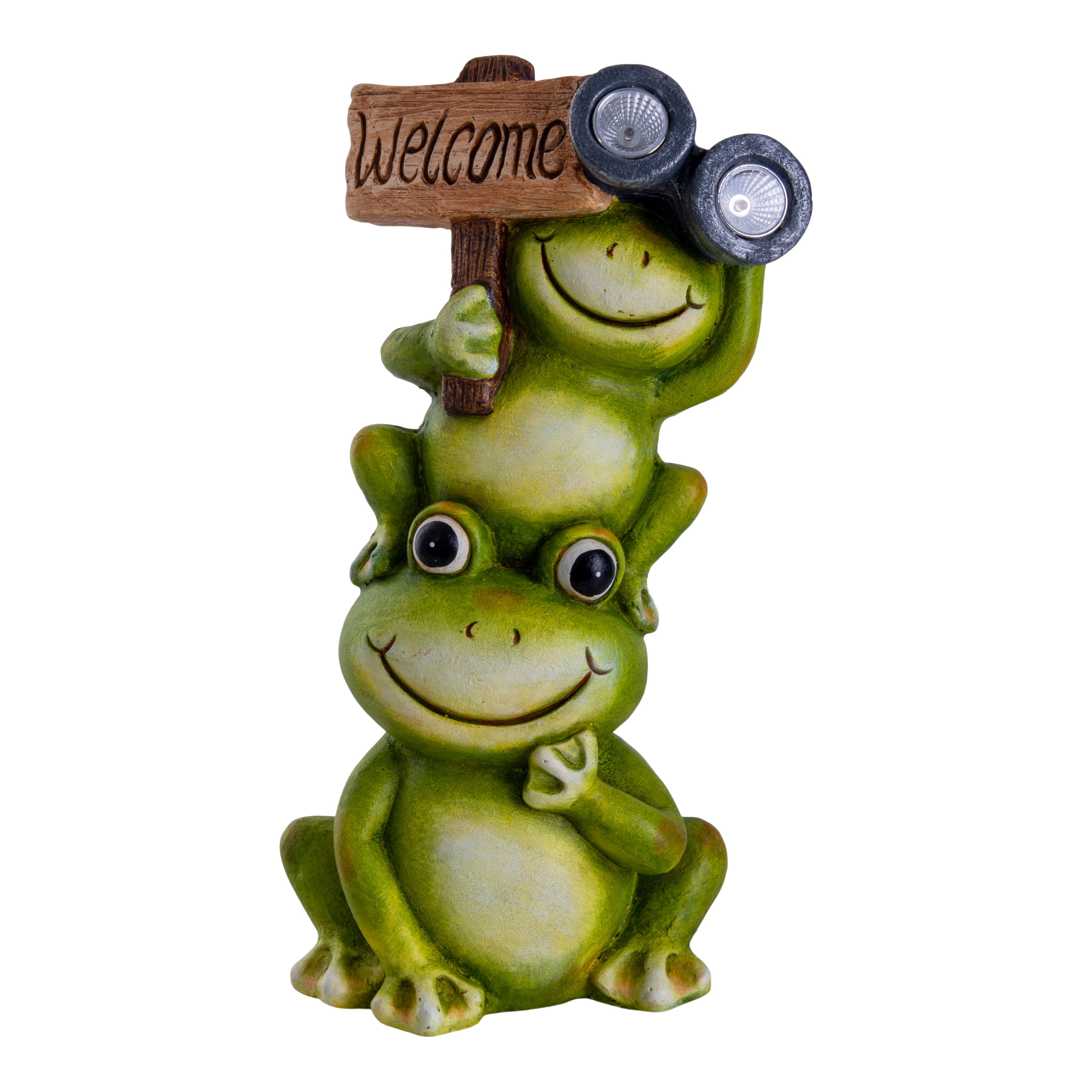 Zwei grüne Froschstatue, die ein Willkommensschild und Lichter halten. Sie lächeln auf weißem Hintergrund.