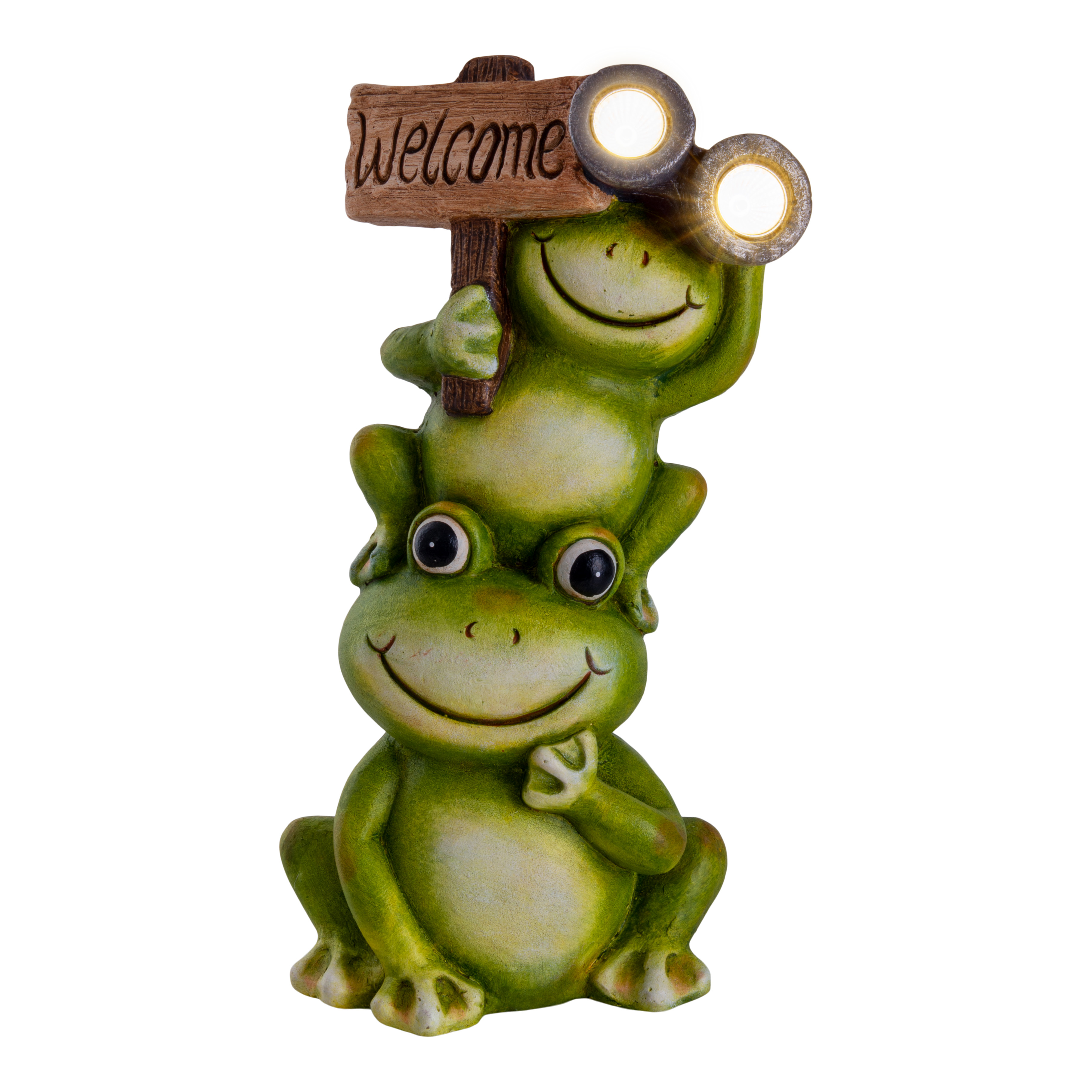 Zwei grüne Froschfiguren. Ein Frosch hält ein Willkommensschild. Der andere lächelt.